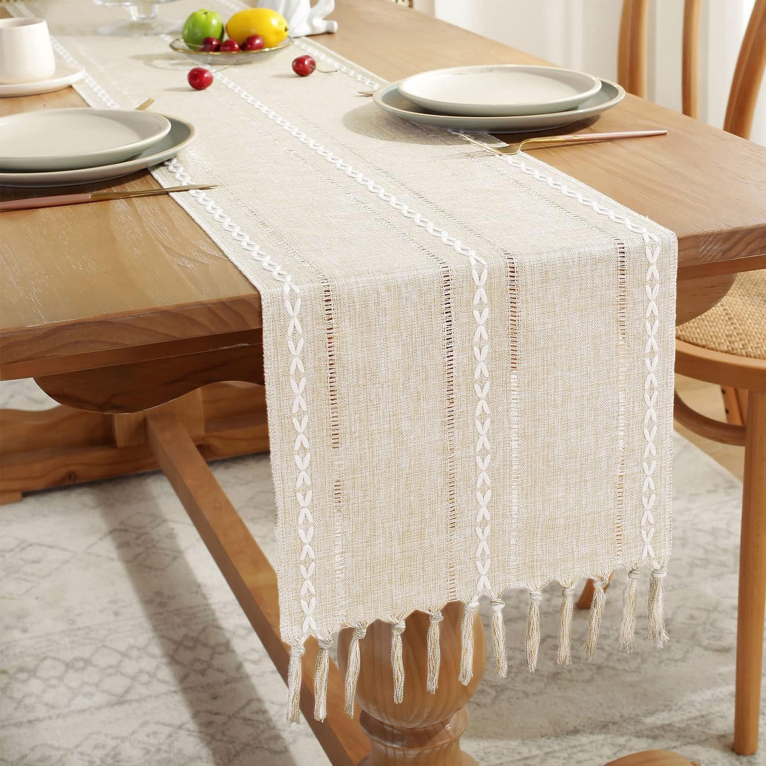 Fall Table Runner Farmhouse Rustic Style 13“ x 90”, Braided Striped Linen Cream Table Runner 90 Inches Long with Tassels for Dining Room Kitchen Reading Dresser Décor,Ivory White