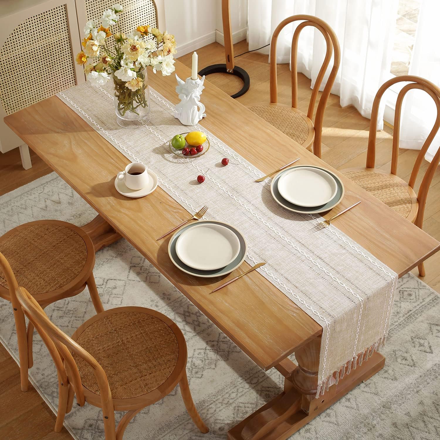 Fall Table Runner Farmhouse Rustic Style 13“ x 90”, Braided Striped Linen Cream Table Runner 90 Inches Long with Tassels for Dining Room Kitchen Reading Dresser Décor,Ivory White