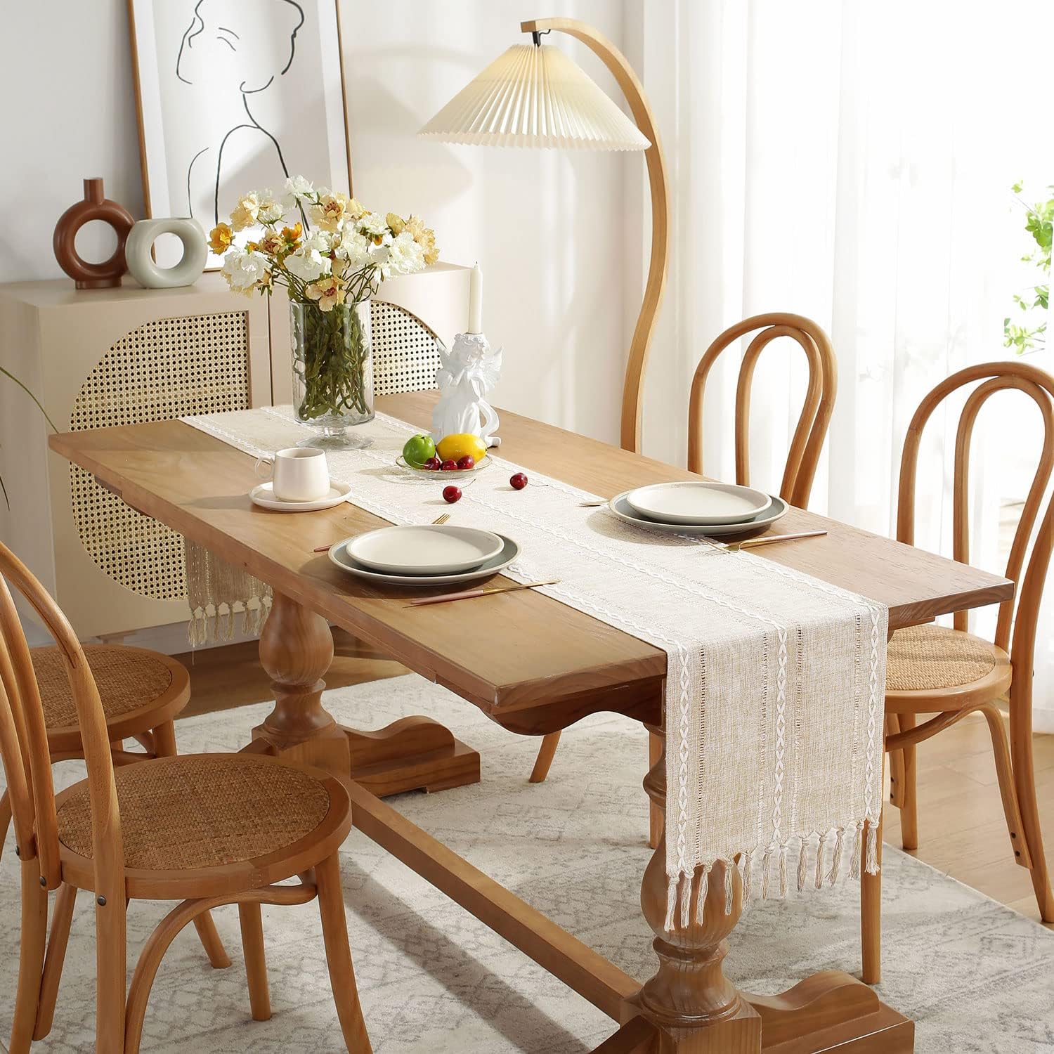 Fall Table Runner Farmhouse Rustic Style 13“ x 90”, Braided Striped Linen Cream Table Runner 90 Inches Long with Tassels for Dining Room Kitchen Reading Dresser Décor,Ivory White