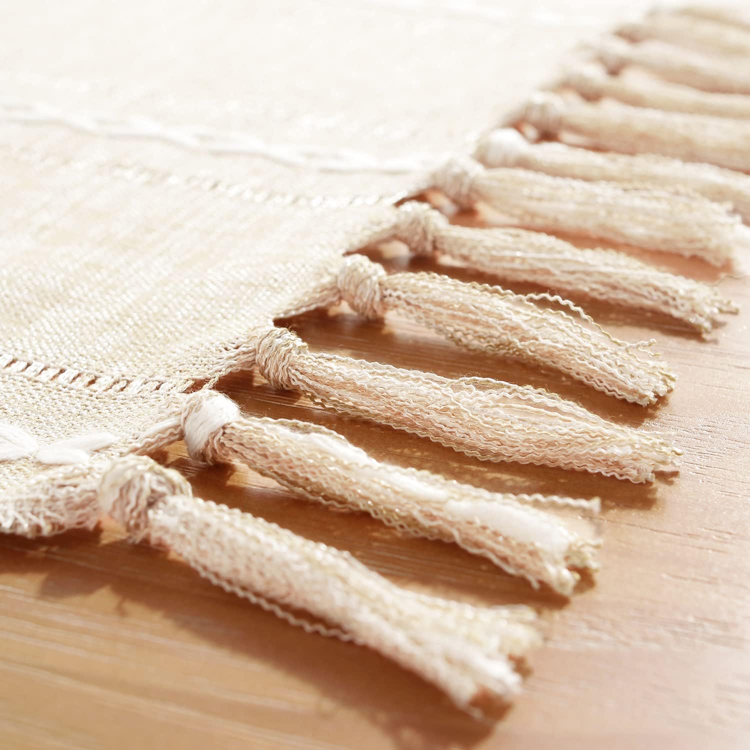 Fall Table Runner Farmhouse Rustic Style 13“ x 90”, Braided Striped Linen Cream Table Runner 90 Inches Long with Tassels for Dining Room Kitchen Reading Dresser Décor,Ivory White