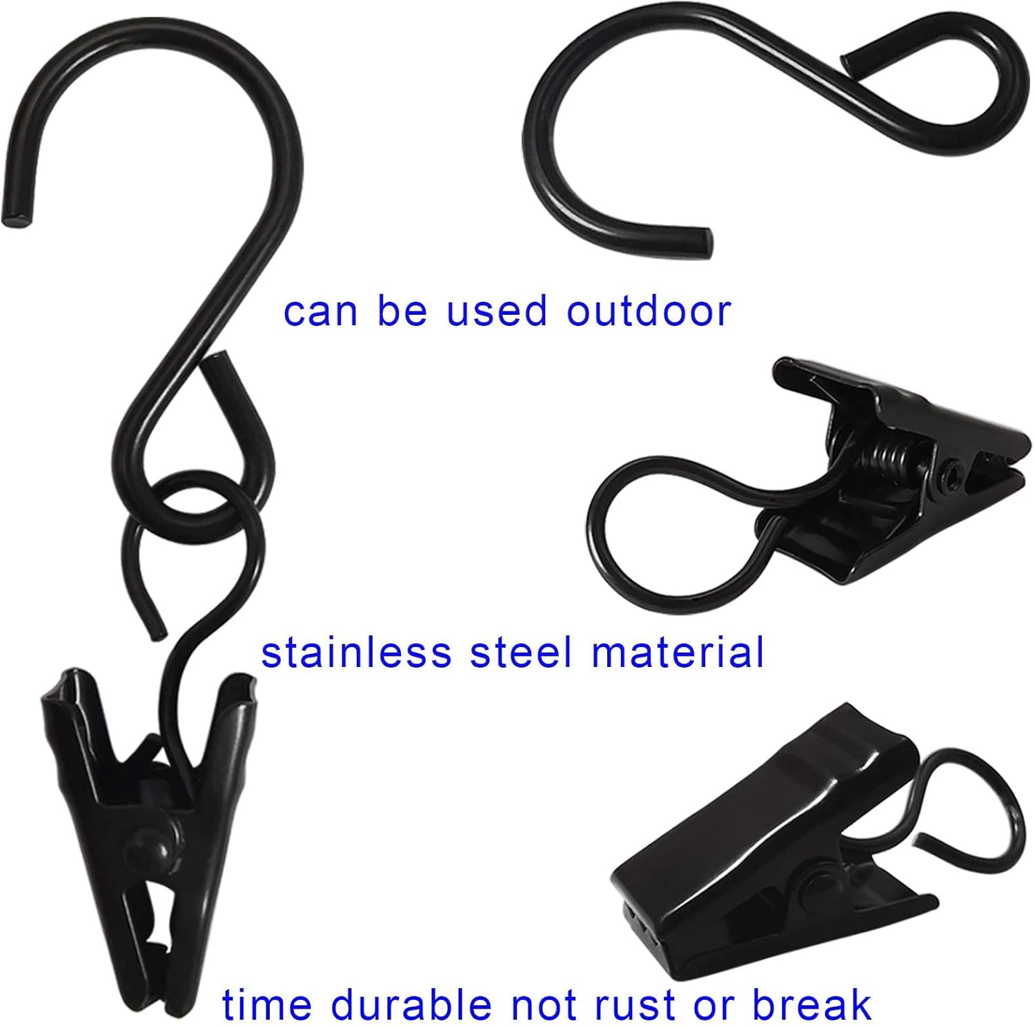 Stainless Steel S Hooks Curtain Clips, 50 Pack Hanging Party Lights Clips Hangers Gutter Photo, Art Craft Display, 2.4 Inch Long, Black Long -