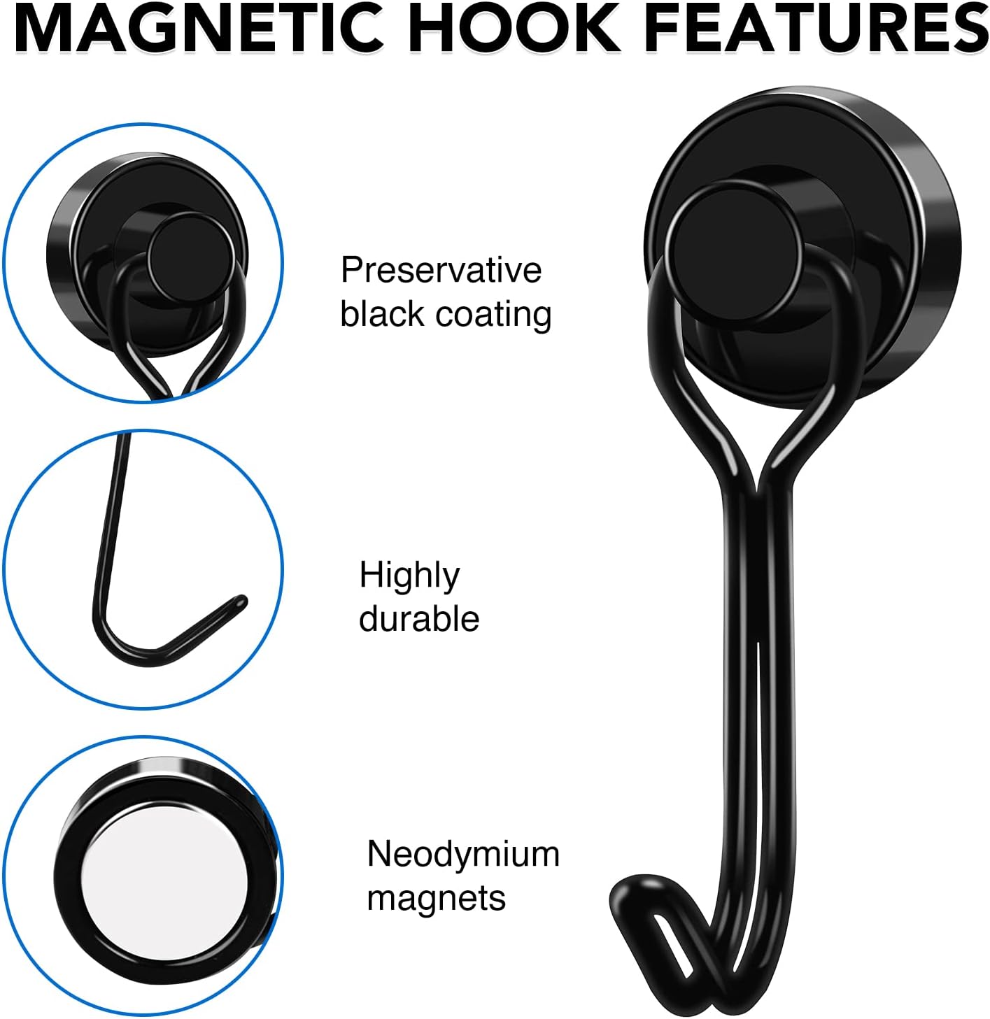Black Magnet Hooks, 25LBS Swivel Magnetic Hooks for Hanging, Strong Cruise Cabins, Grill, Refrigerator, Kitchen, Door, Locker, Key and Calendar - Pack of 3