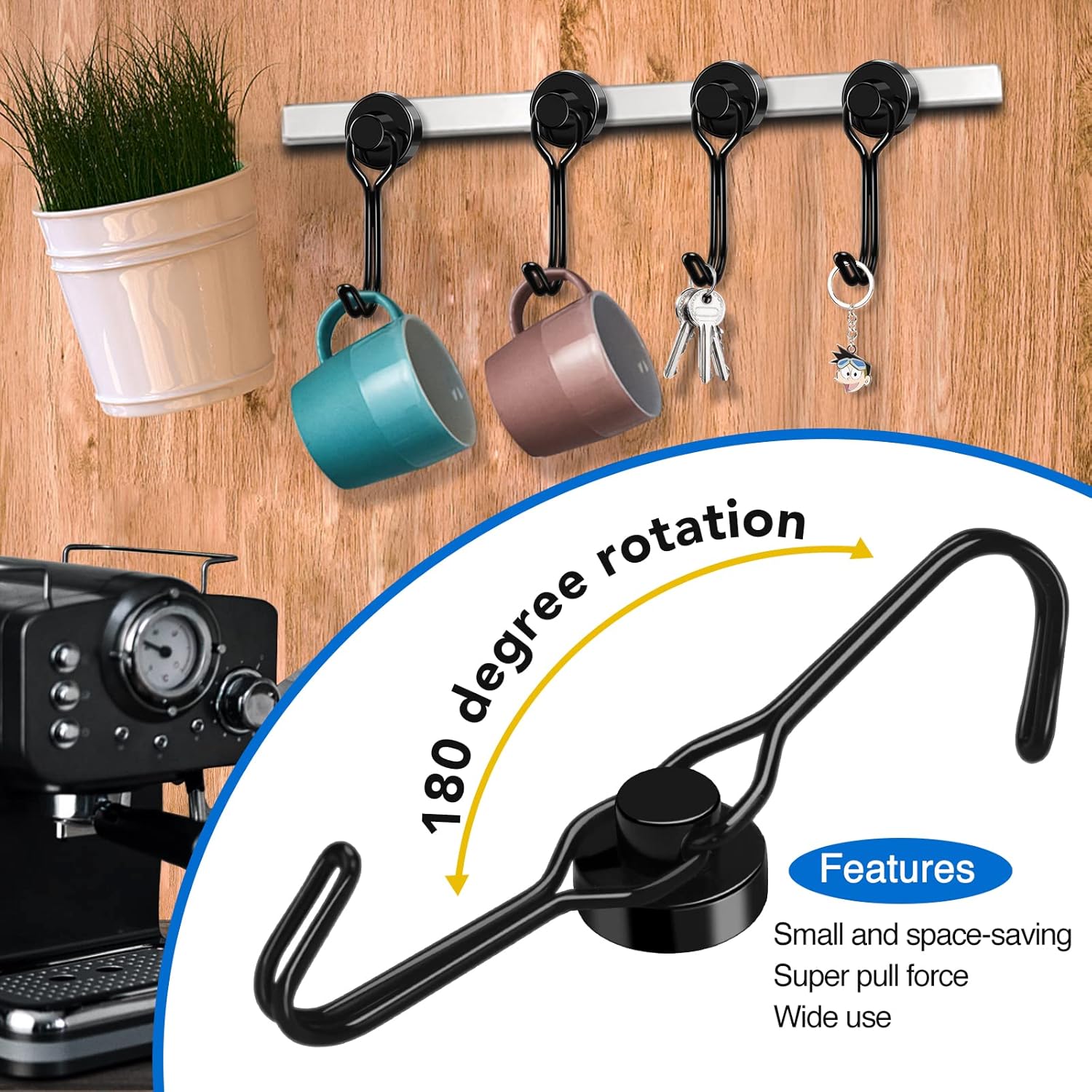 Black Magnet Hooks, 25LBS Swivel Magnetic Hooks for Hanging, Strong Cruise Cabins, Grill, Refrigerator, Kitchen, Door, Locker, Key and Calendar - Pack of 3