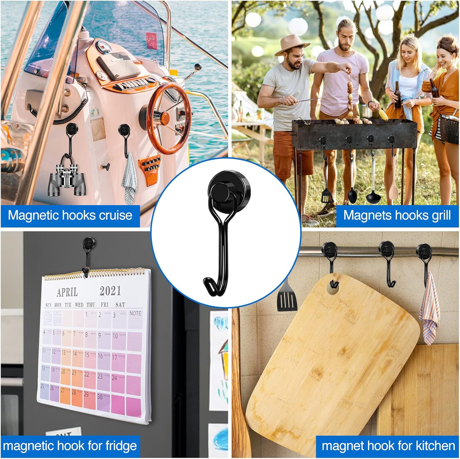 Black Magnet Hooks, 25LBS Swivel Magnetic Hooks for Hanging, Strong Cruise Cabins, Grill, Refrigerator, Kitchen, Door, Locker, Key and Calendar - Pack of 3