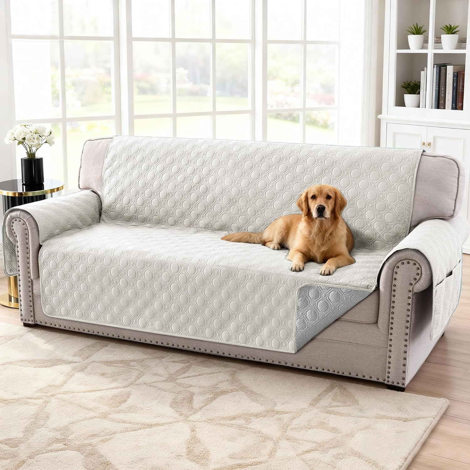 100% Waterproof Couch Cover for 3 Cushion Sofa Washable Pet Friendly with Elastic Straps Thick Durable Storage Pocket(XL Sofa, Beige) Beige 78"-X-Large