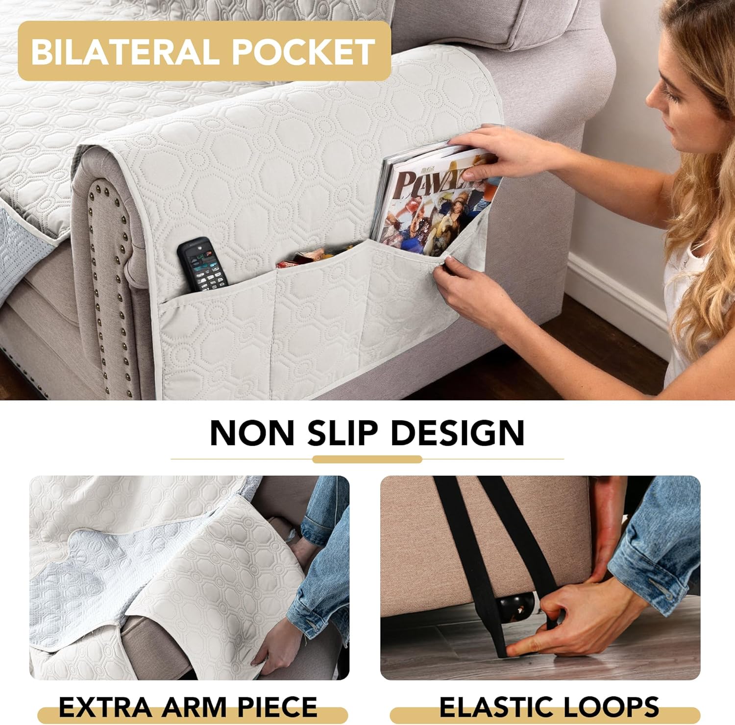 100% Waterproof Couch Cover for 3 Cushion Sofa Washable Pet Friendly with Elastic Straps Thick Durable Storage Pocket(XL Sofa, Beige) Beige 78"-X-Large