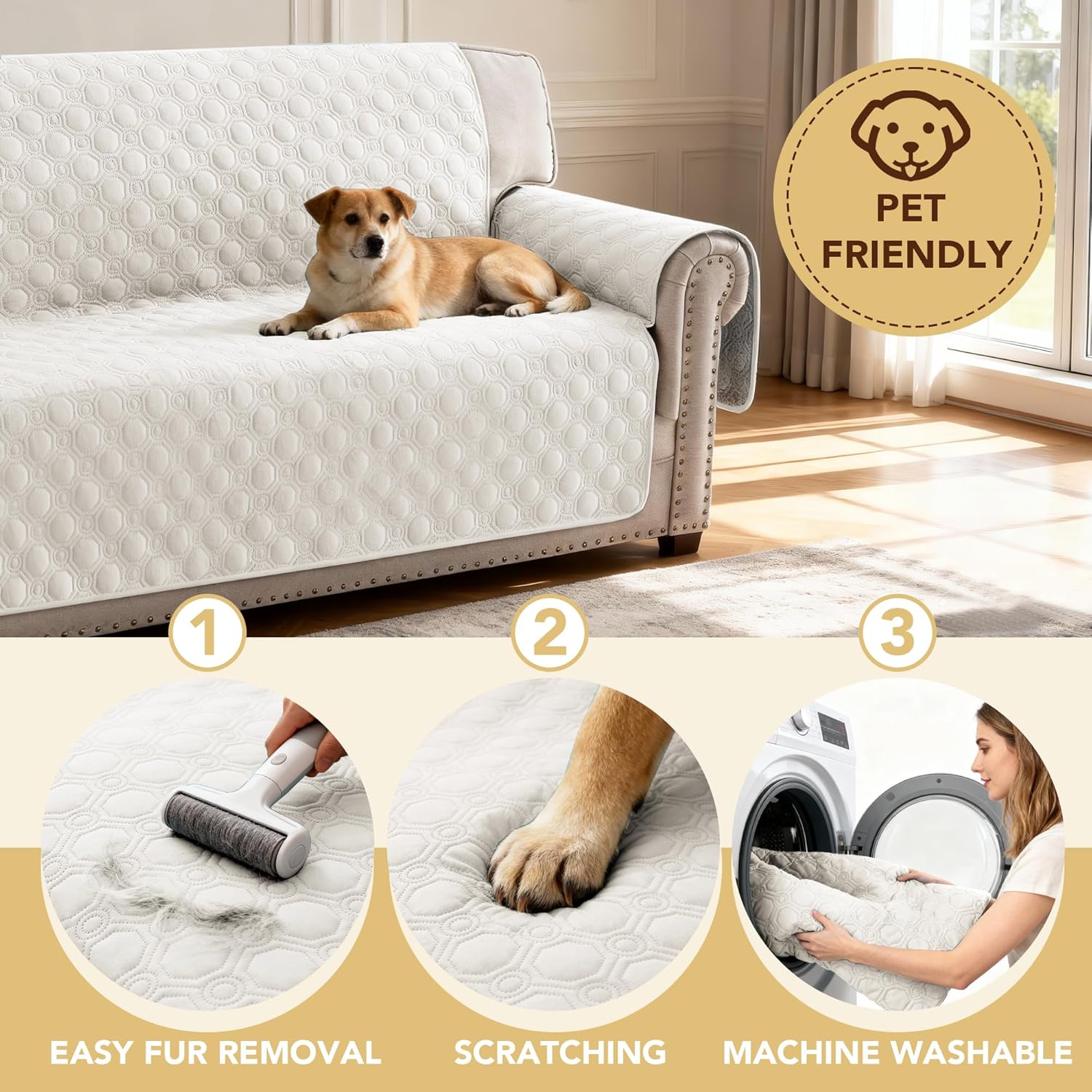 100% Waterproof Couch Cover for 3 Cushion Sofa Washable Pet Friendly with Elastic Straps Thick Durable Storage Pocket(XL Sofa, Beige) Beige 78"-X-Large