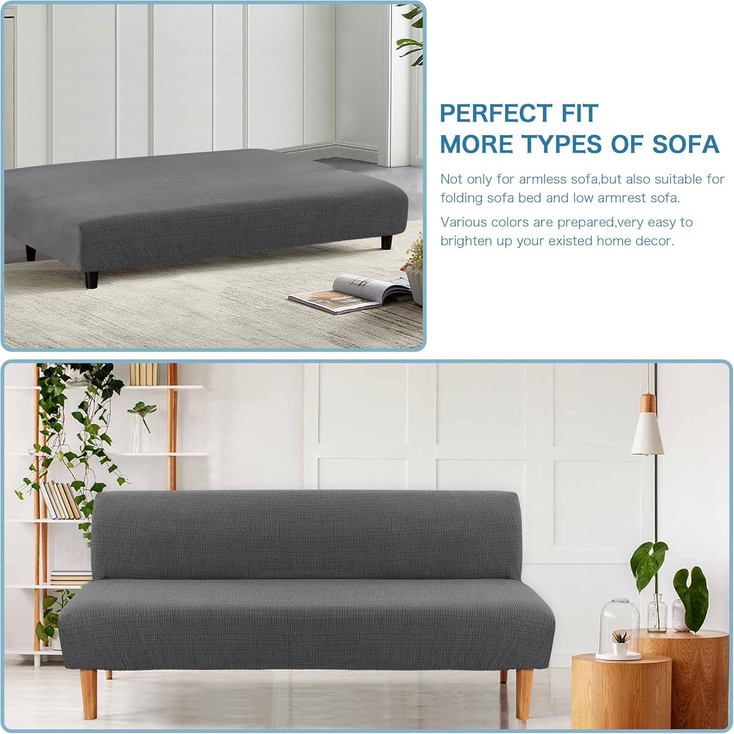 100% Waterproof Armless Futon Cover, Sofa Cover Stretch Jacquard Couch for Futon, Dual Leakproof Furniture Protector Pets, Grey -