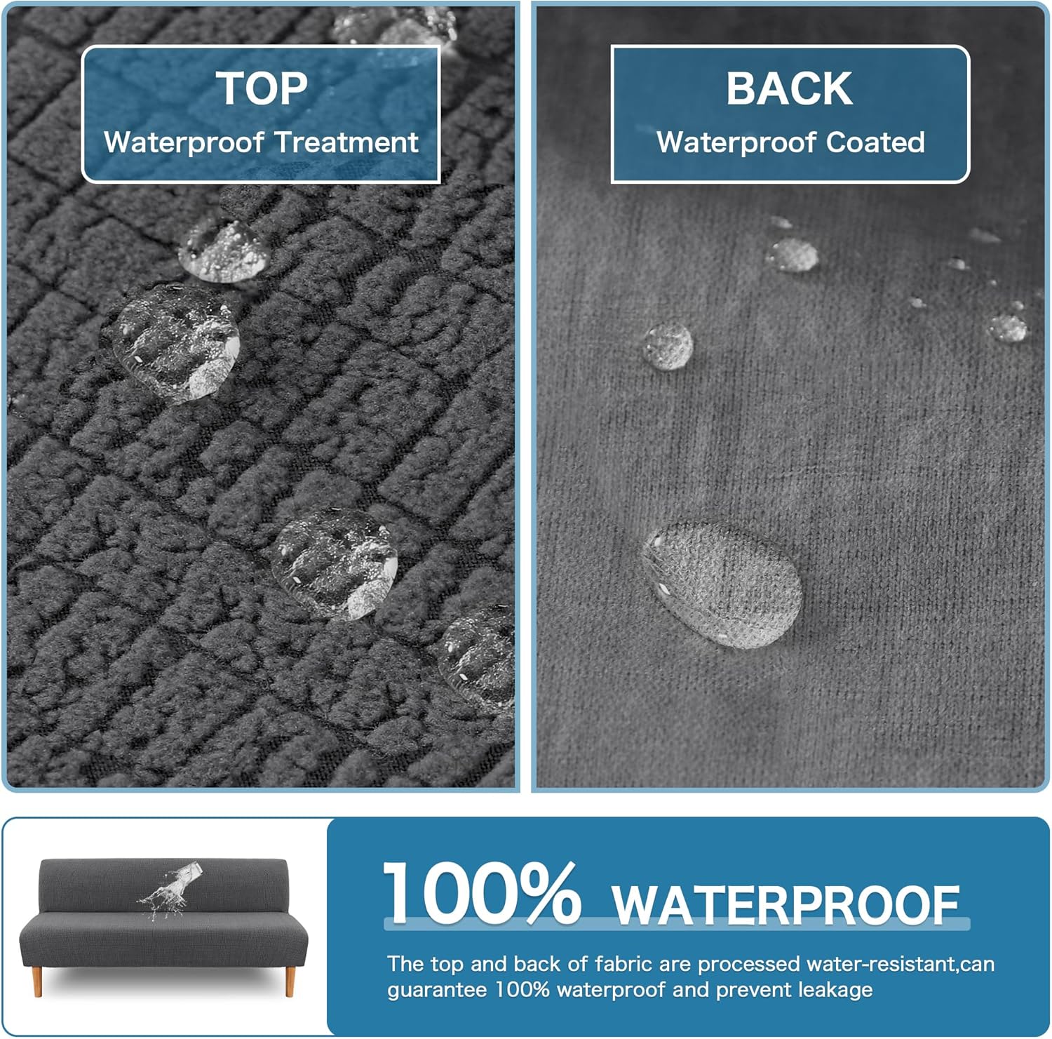 100% Waterproof Armless Futon Cover, Sofa Cover Stretch Jacquard Couch for Futon, Dual Leakproof Furniture Protector Pets, Grey -