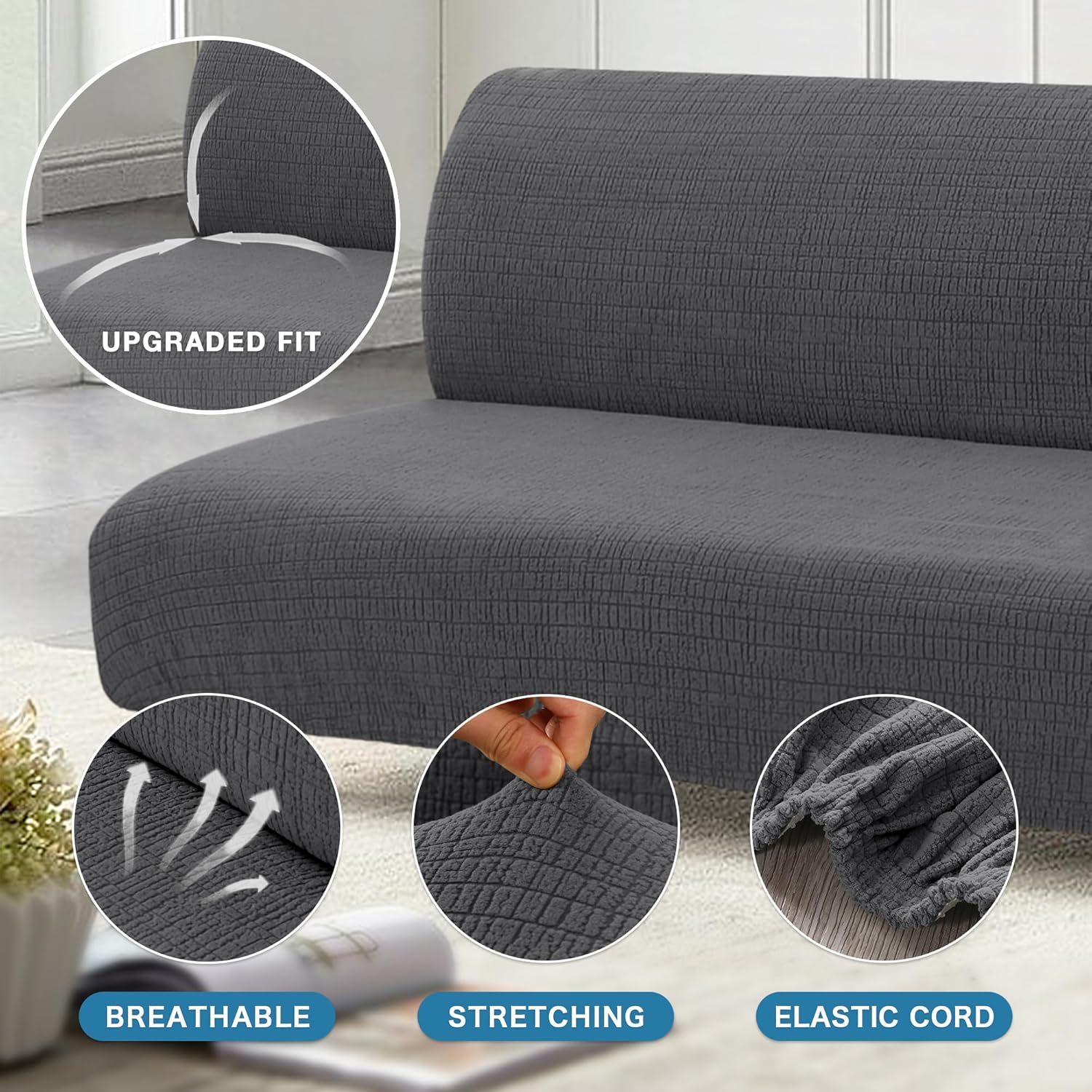 100% Waterproof Armless Futon Cover, Sofa Cover Stretch Jacquard Couch for Futon, Dual Leakproof Furniture Protector Pets, Grey -