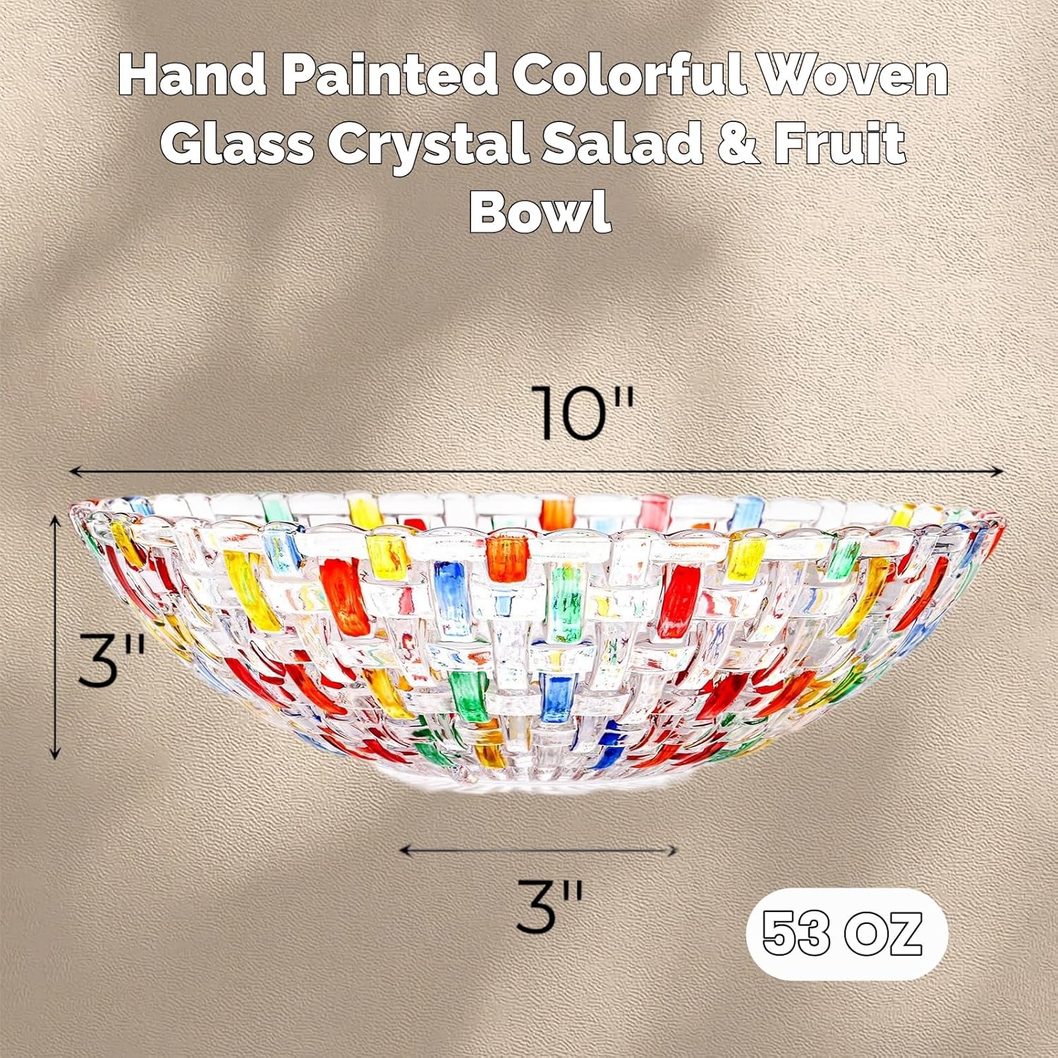 2 Pack Colorful Crystal Glass Fruit Bowls, 10" Hand Painted Woven Art Bowl, Decorative Large Plate to Display Salad Dessert Cake Candy Snack for Home Office Wedding Centerpiece Decor