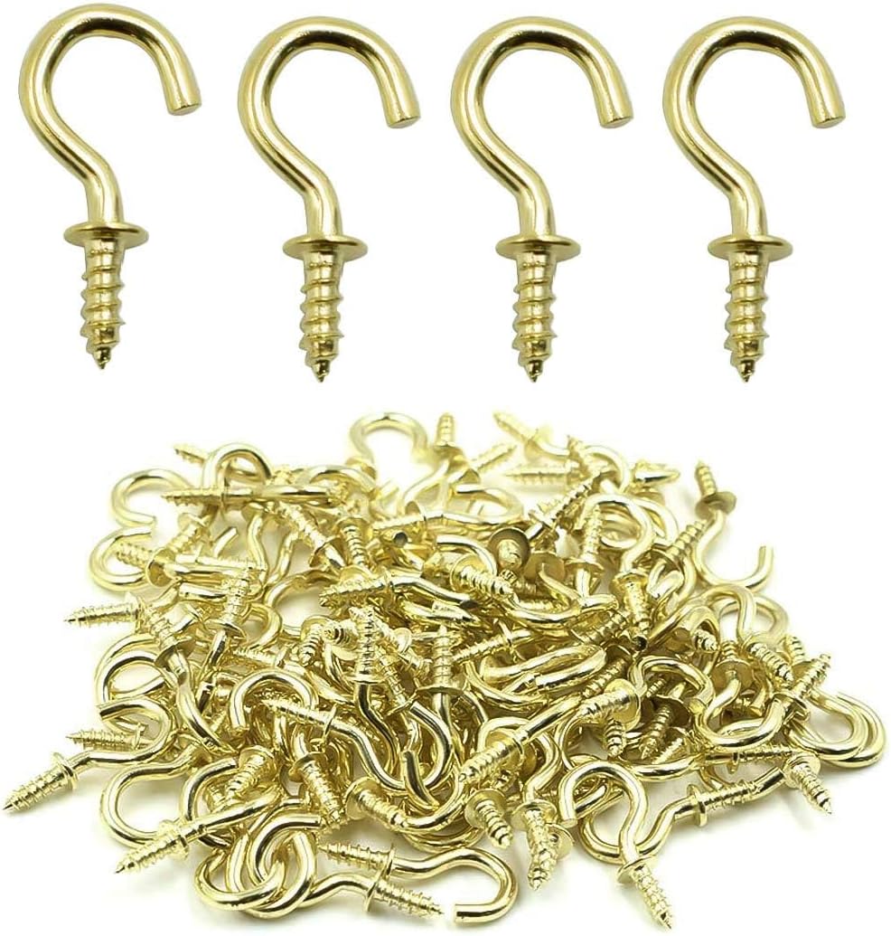 Biaungdo 200 Pcs 1/2" Gold Ceiling Hooks: Metal, Rust Resistant, 200 Mini Screw Hooks for Hanging Lightweight Items