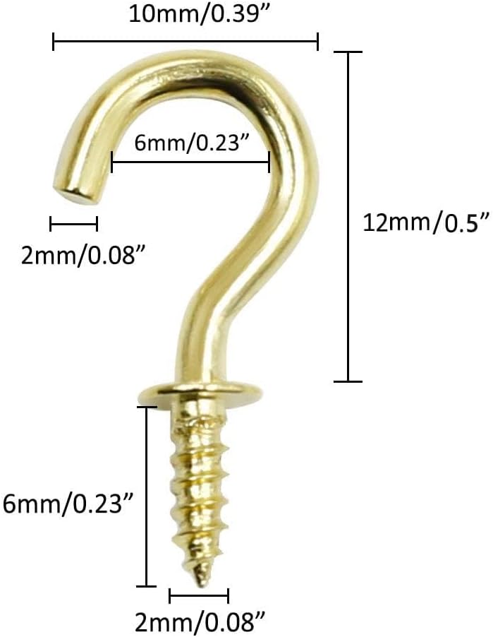 Biaungdo 200 Pcs 1/2" Gold Ceiling Hooks: Metal, Rust Resistant, 200 Mini Screw Hooks for Hanging Lightweight Items