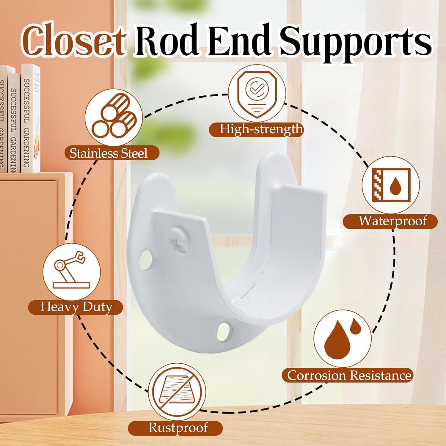 Biaungdo 1-1/4 Inch Stainless Steel Closet Rod End Supports, 2 Pcs White Heavy Duty Wardrobe Rod Brackets Closet Pole Sockets Flange Rod Holder, U-Shaped