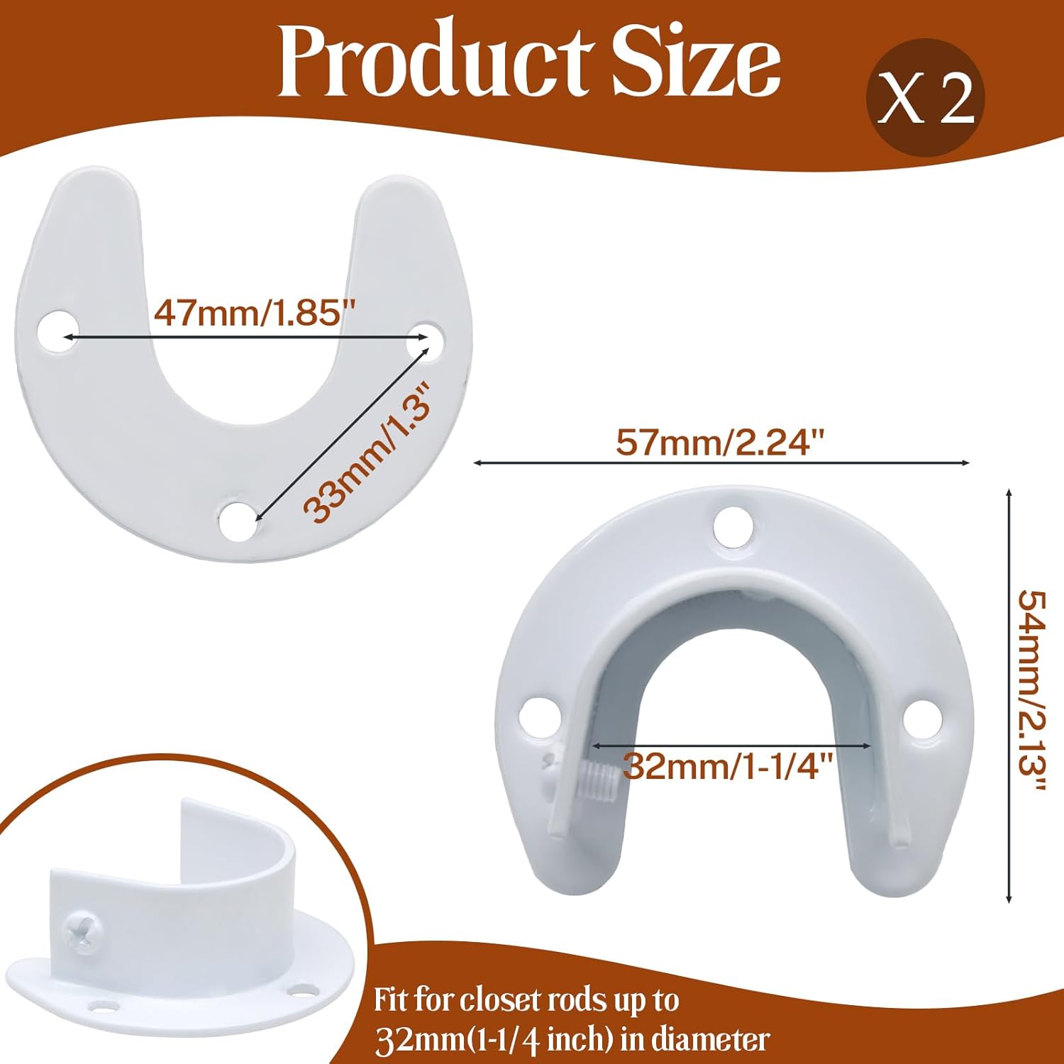 Biaungdo 1-1/4 Inch Stainless Steel Closet Rod End Supports, 2 Pcs White Heavy Duty Wardrobe Rod Brackets Closet Pole Sockets Flange Rod Holder, U-Shaped