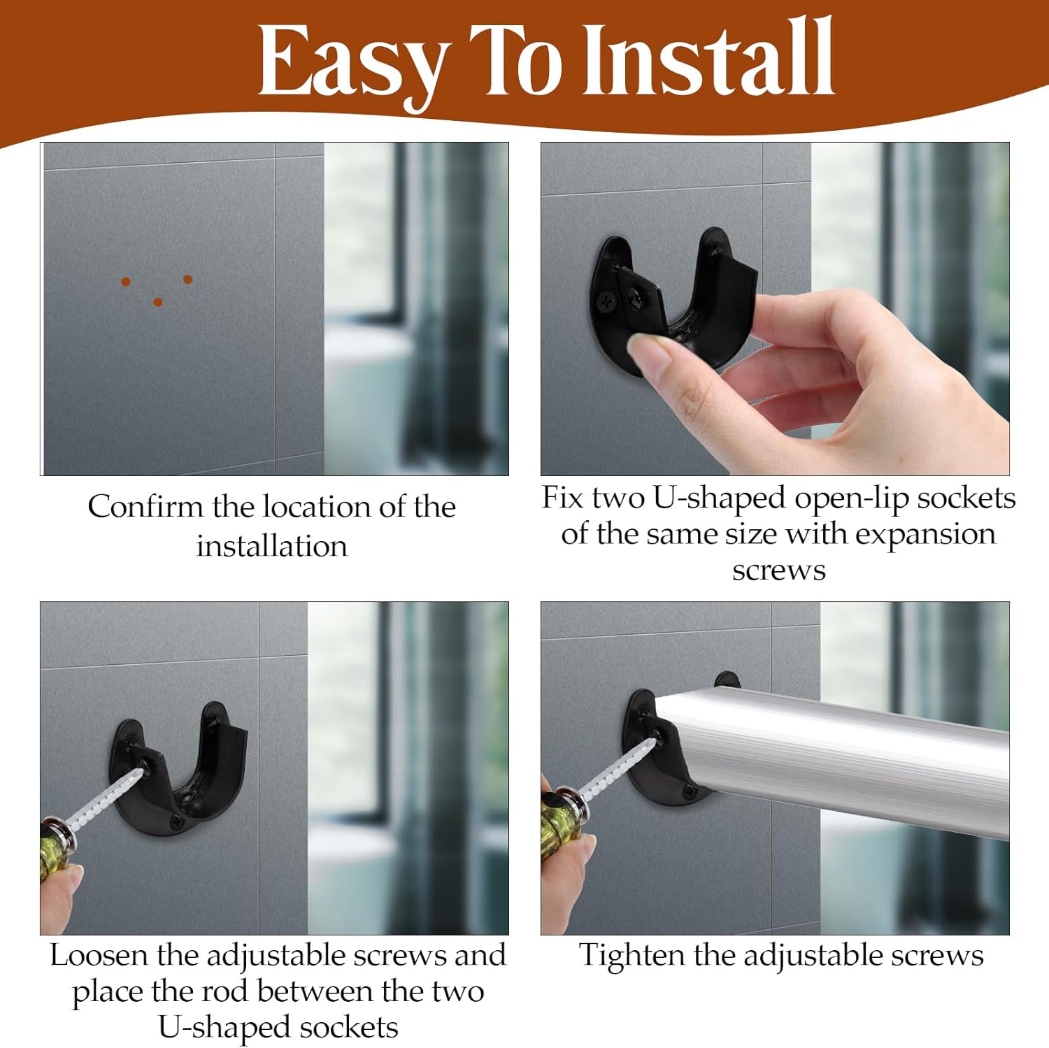 Biaungdo 1-1/4 Inch Stainless Steel Closet Rod End Supports, 4 Pcs Black Heavy Duty Wardrobe Rod Brackets Closet Pole Sockets Flange Rod Holder, U-Shaped