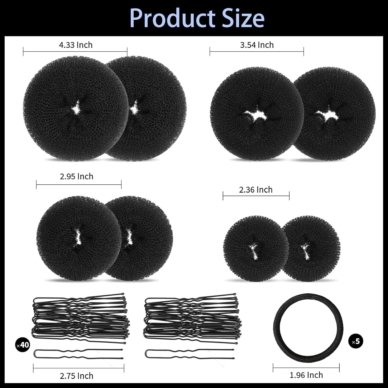 Hair Bun Maker Set- 8 PCS Hair Donuts or Buns (2 Extra-large,2 Large,2 Medium and 2 Small), 40 PCS Bobby Pins, 5 PCS Hair Elastic Ties Black,Bun Maker - Black