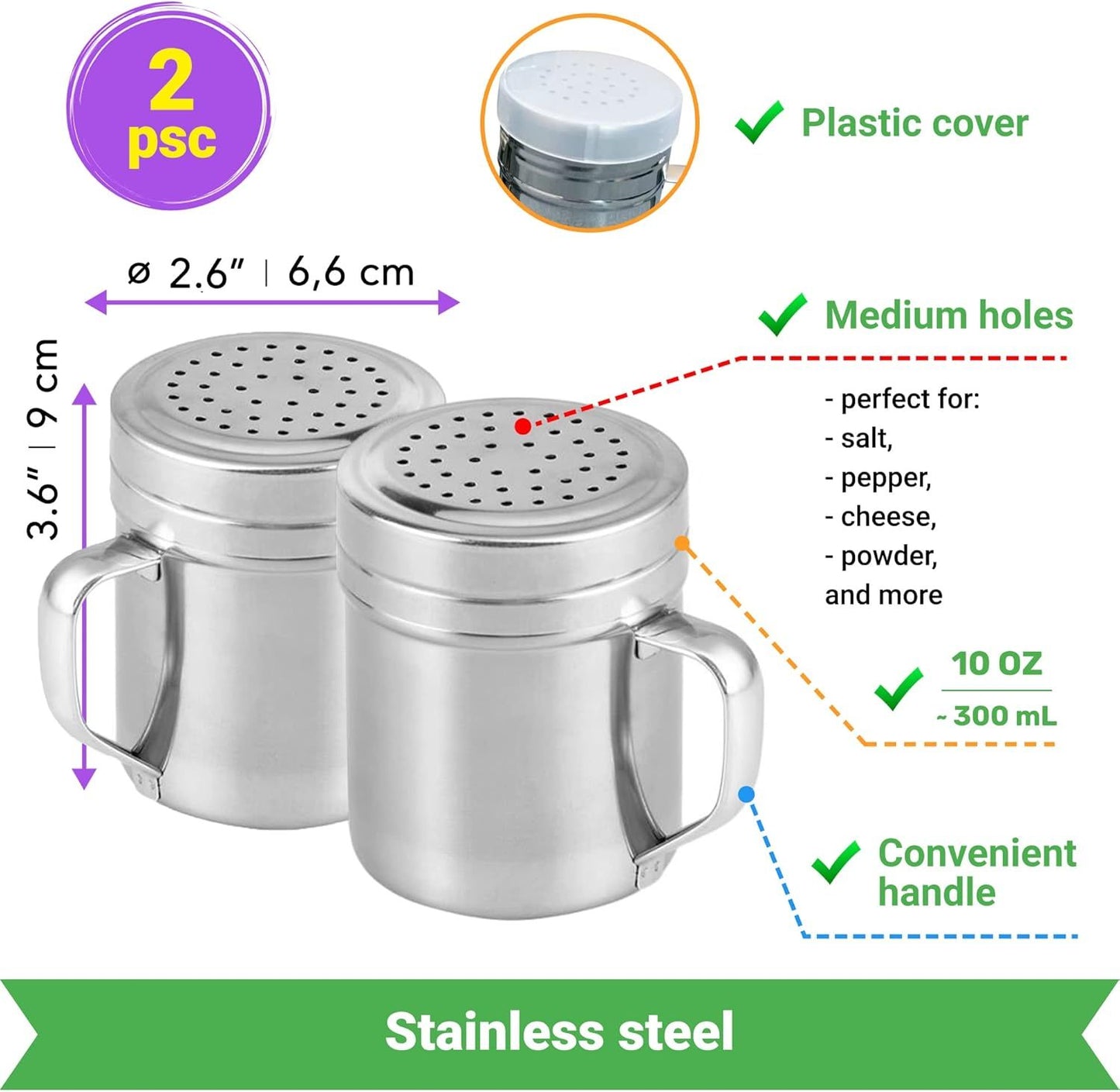10 (2pcs) + 14oz o each Metal Salt Pepper Dredge + Parmesan Cheese Shakers - with Handles and Caps Bundle
