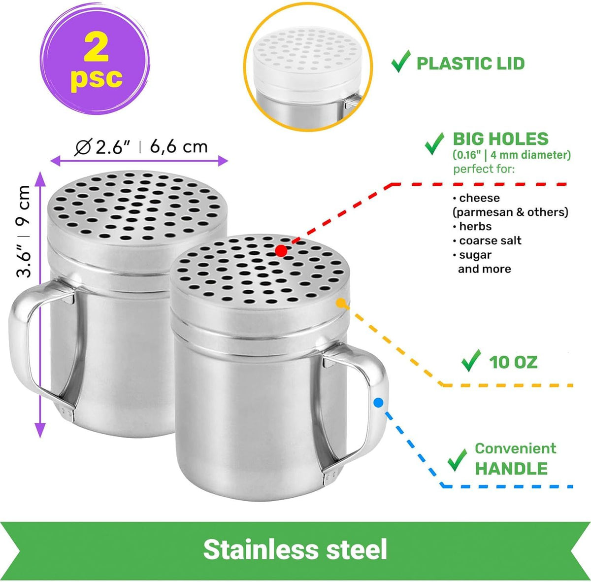 10 (2pcs) + 14oz o each Metal Salt Pepper Dredge + Parmesan Cheese Shakers - with Handles and Caps Bundle