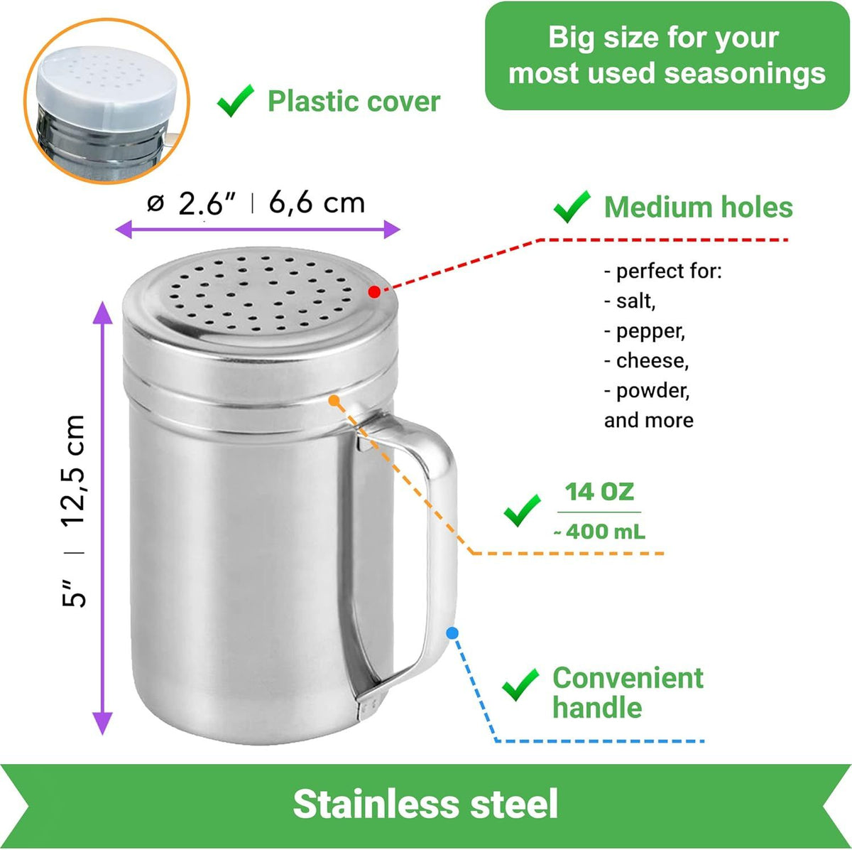 10 (2pcs) + 14oz o each Metal Salt Pepper Dredge + Parmesan Cheese Shakers - with Handles and Caps Bundle