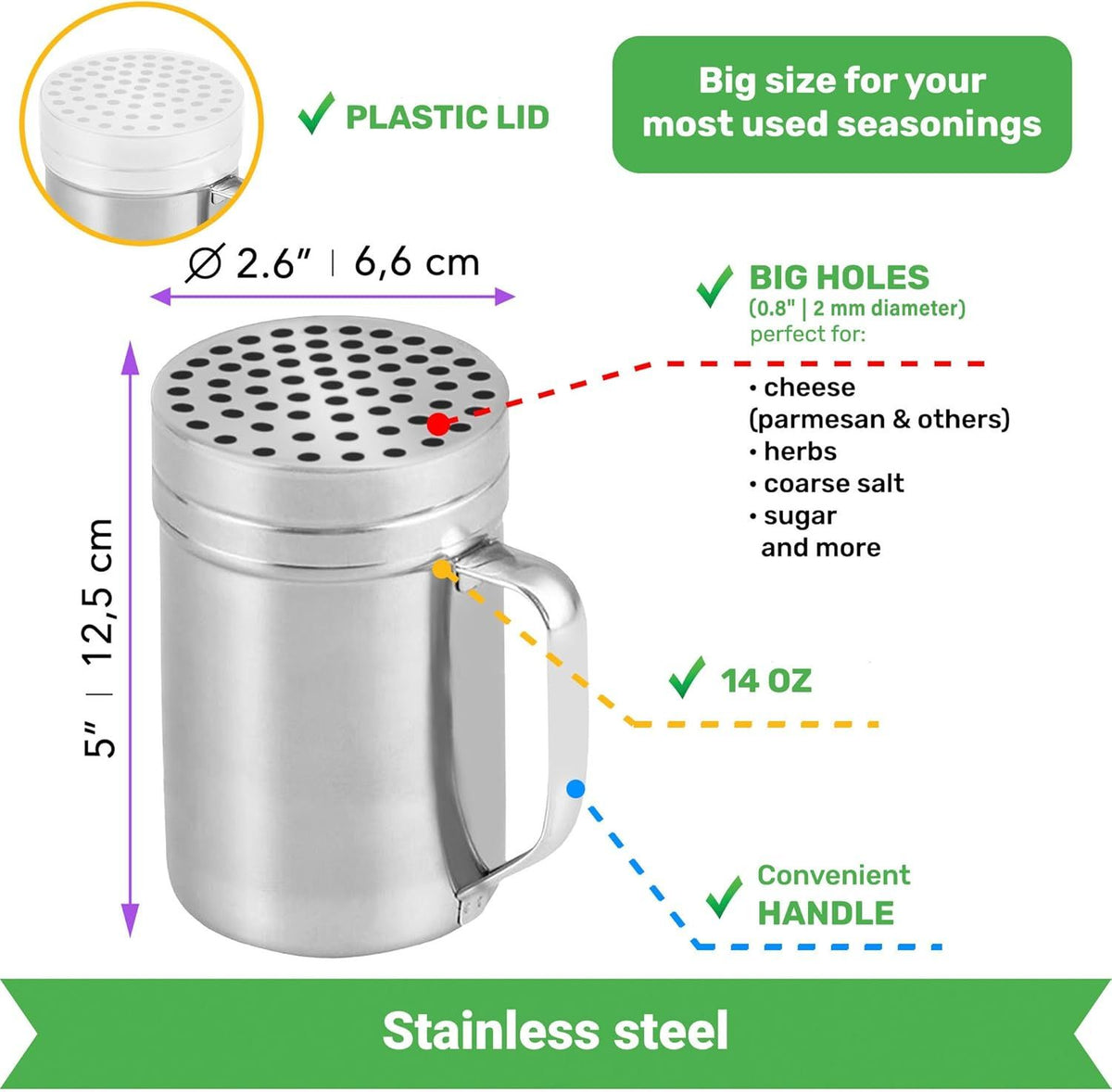 10 (2pcs) + 14oz o each Metal Salt Pepper Dredge + Parmesan Cheese Shakers - with Handles and Caps Bundle