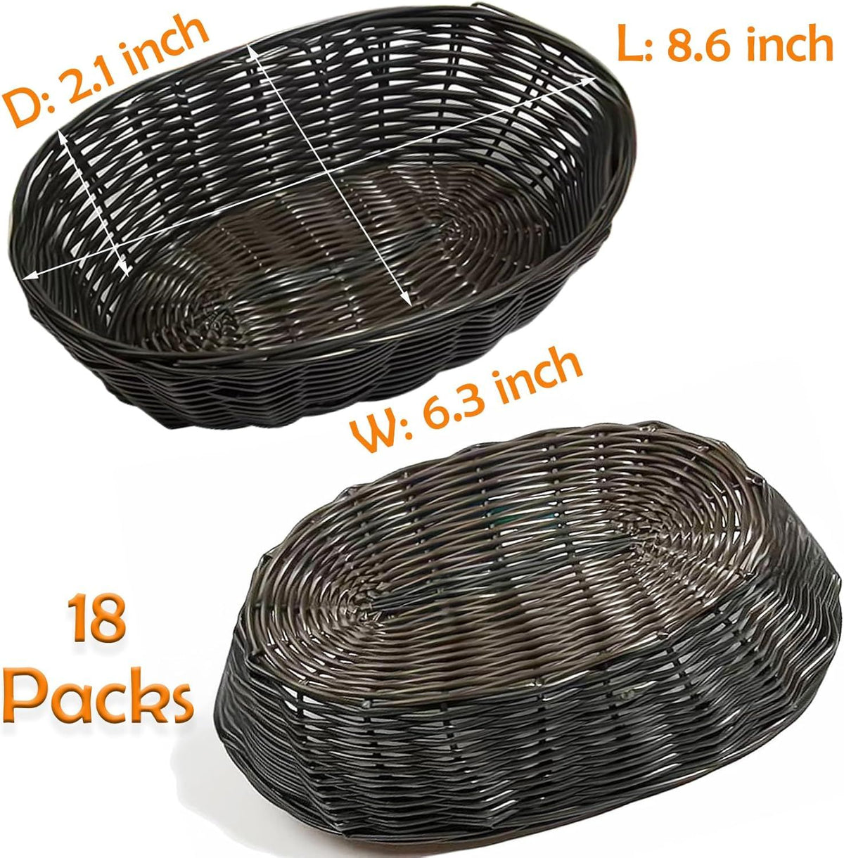 12 Pack Plastic Oval Basket, 8.6 X 6.3 X 2.1 Inch Woven Bread Baskets for Serving Small Empty Gift Baskets, Imitation Rattan Basket for Kitchen Restaurant Centerpiece Display - Dark Brown