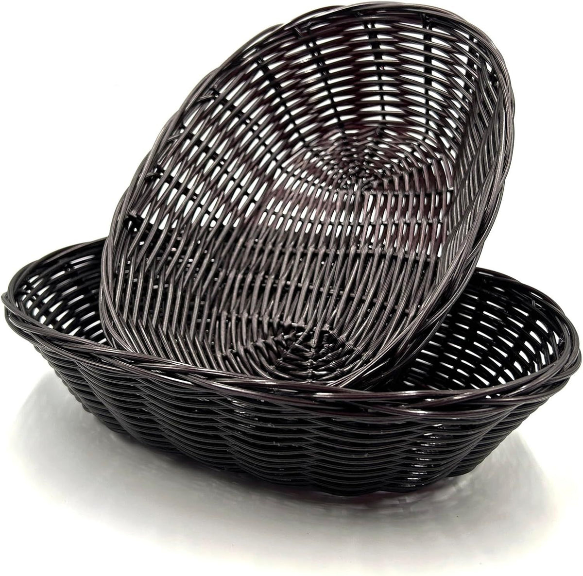 12 Pack Plastic Oval Basket, 8.6 X 6.3 X 2.1 Inch Woven Bread Baskets for Serving Small Empty Gift Baskets, Imitation Rattan Basket for Kitchen Restaurant Centerpiece Display - Dark Brown