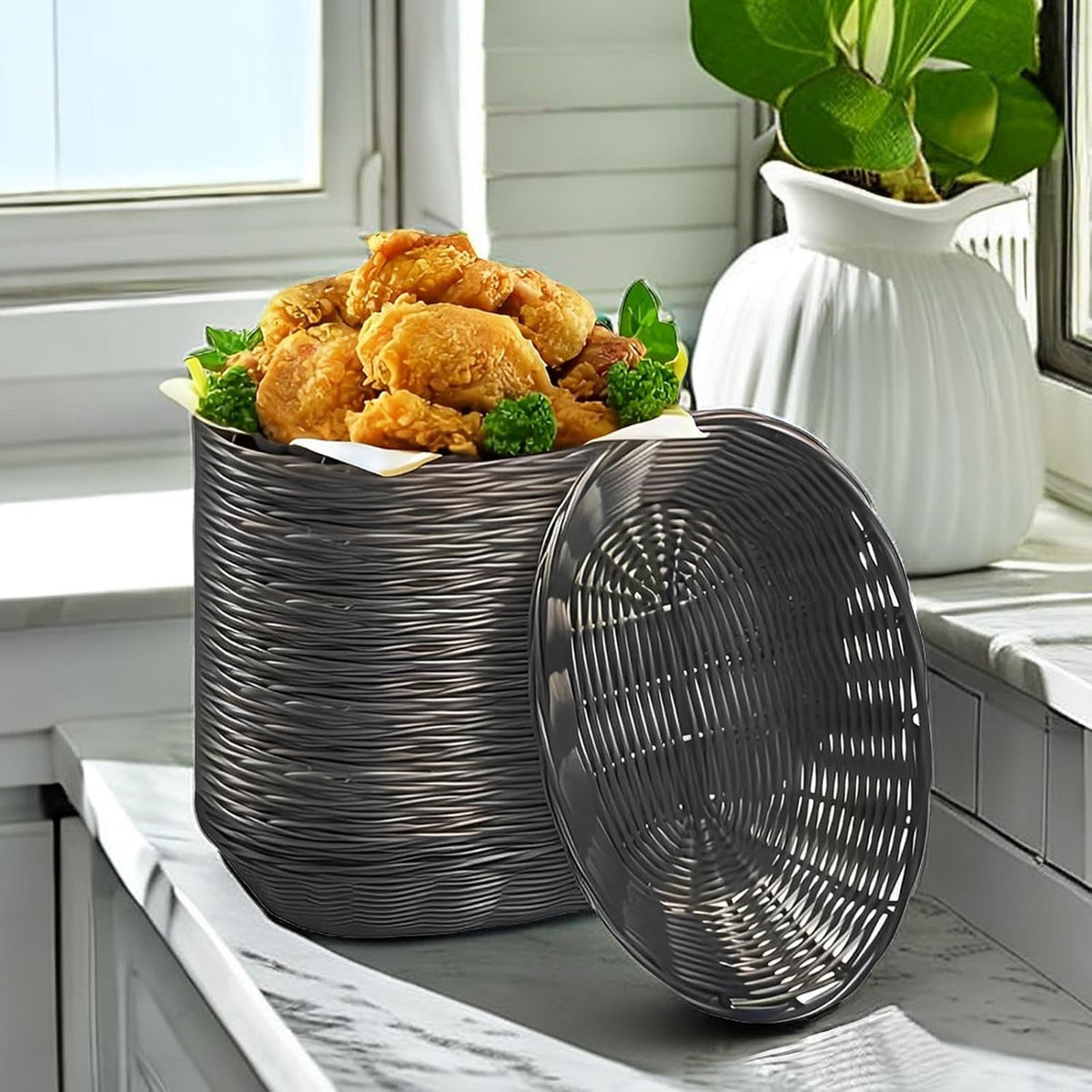 12 Pack Plastic Oval Basket, 8.6 X 6.3 X 2.1 Inch Woven Bread Baskets for Serving Small Empty Gift Baskets, Imitation Rattan Basket for Kitchen Restaurant Centerpiece Display - Dark Brown