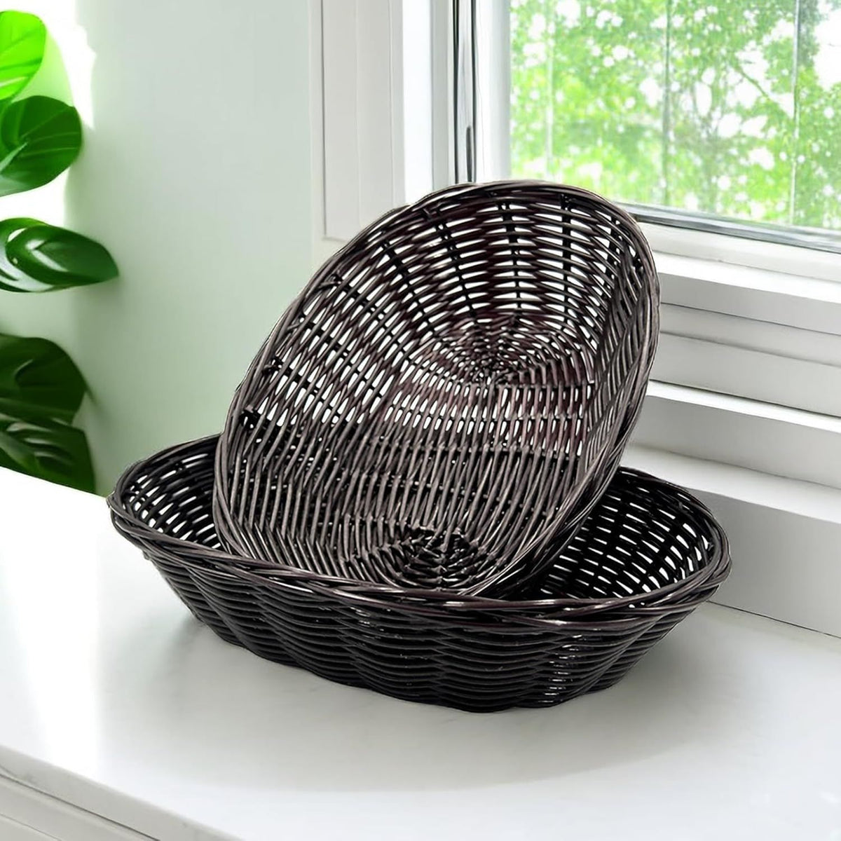 12 Pack Plastic Oval Basket, 8.6 X 6.3 X 2.1 Inch Woven Bread Baskets for Serving Small Empty Gift Baskets, Imitation Rattan Basket for Kitchen Restaurant Centerpiece Display - Dark Brown