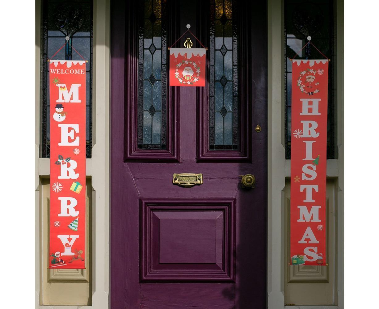 Merry Christmas Santa Elk Snowman Print Hanging Banner Sign Flag Xmas Door Decor-Red