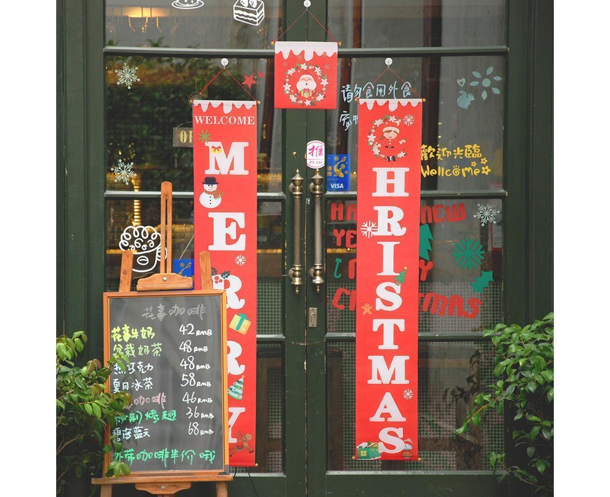 Merry Christmas Santa Elk Snowman Print Hanging Banner Sign Flag Xmas Door Decor-Red