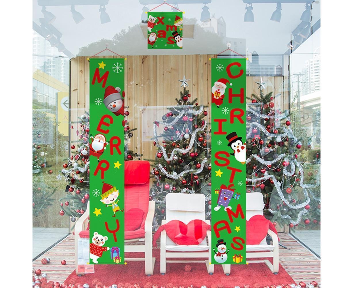 Merry Christmas Santa Elk Snowman Print Hanging Banner Sign Flag Xmas Door Decor-Red