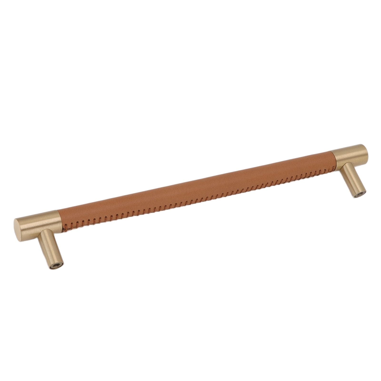 Cabinet Door Handle 224MM Hole Pitch Leather Brass Light Luxury Cupboard Bar Pull Handle for Home Wardrobe Drawer Light Brown