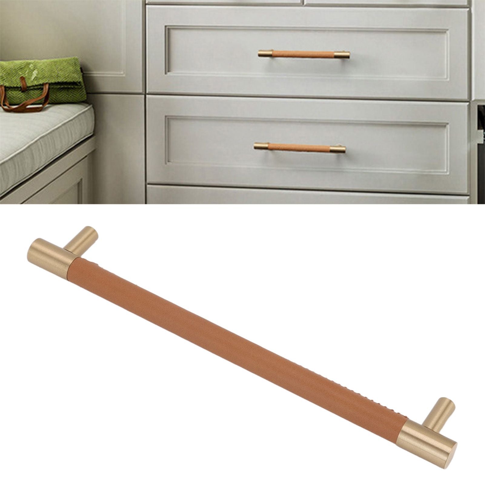 Cabinet Door Handle 224MM Hole Pitch Leather Brass Light Luxury Cupboard Bar Pull Handle for Home Wardrobe Drawer Light Brown