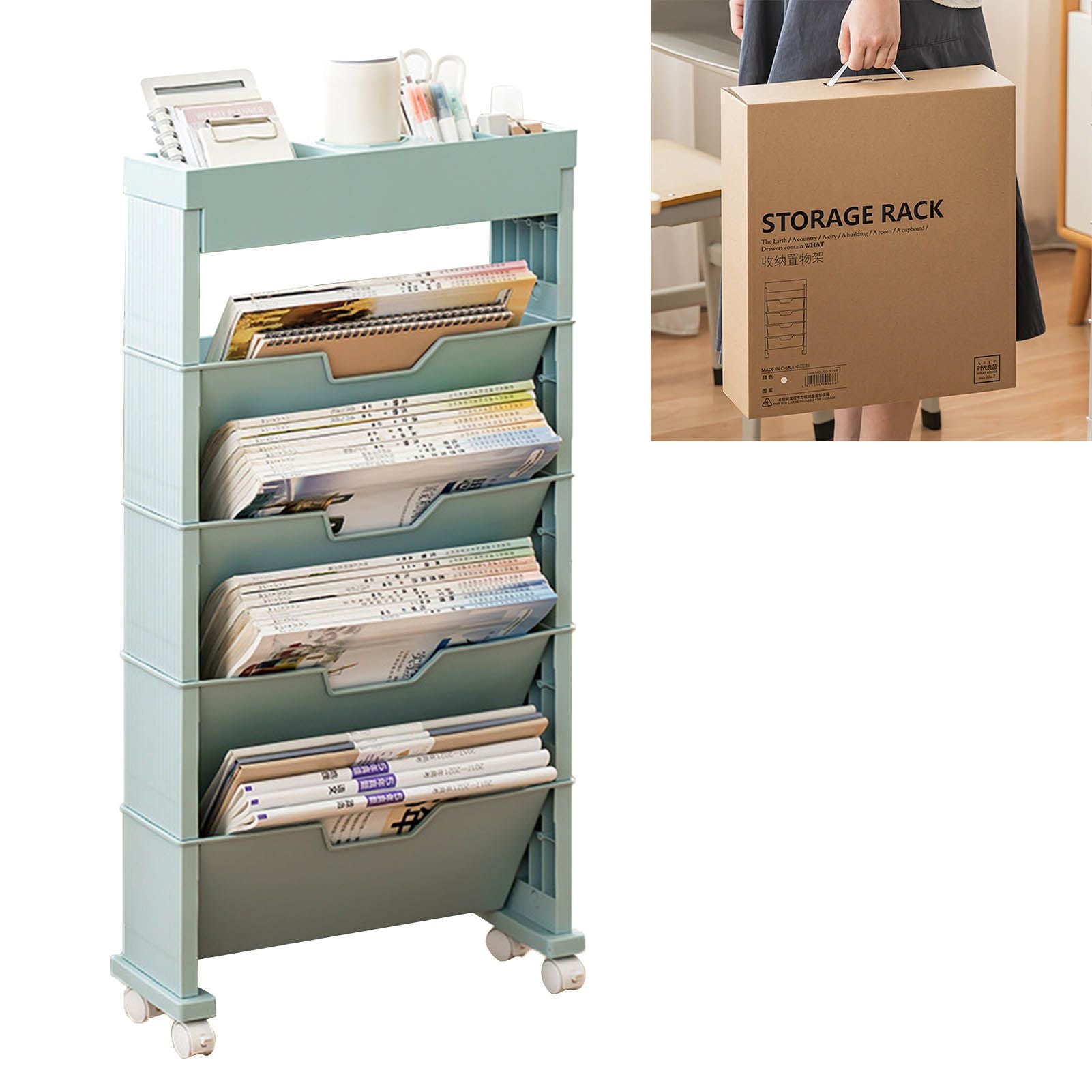 Classroom Bookshelf Multilayer with Universal Wheel Book Storage Shelving for Living Room