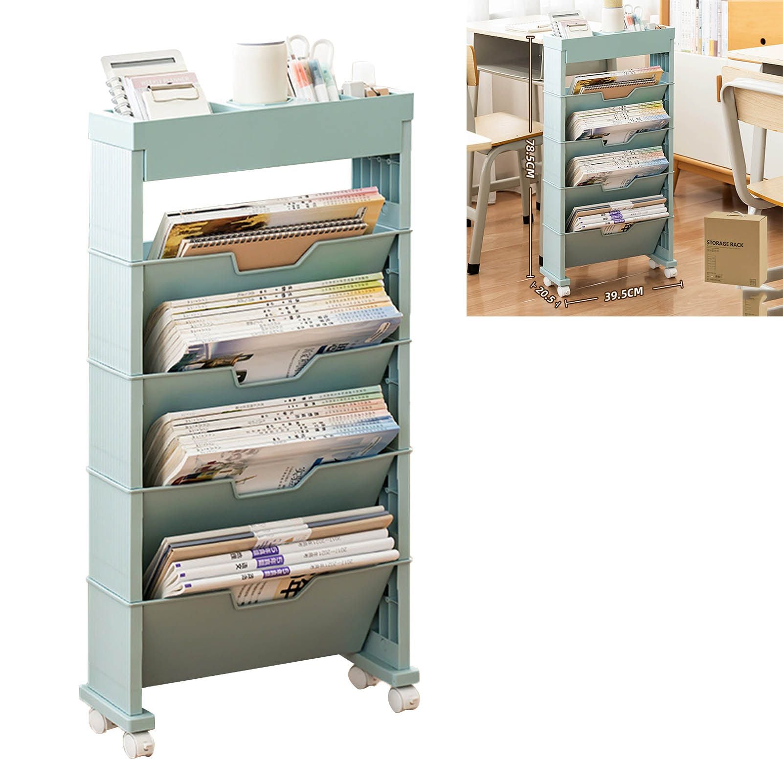 Classroom Bookshelf Multilayer with Universal Wheel Book Storage Shelving for Living Room