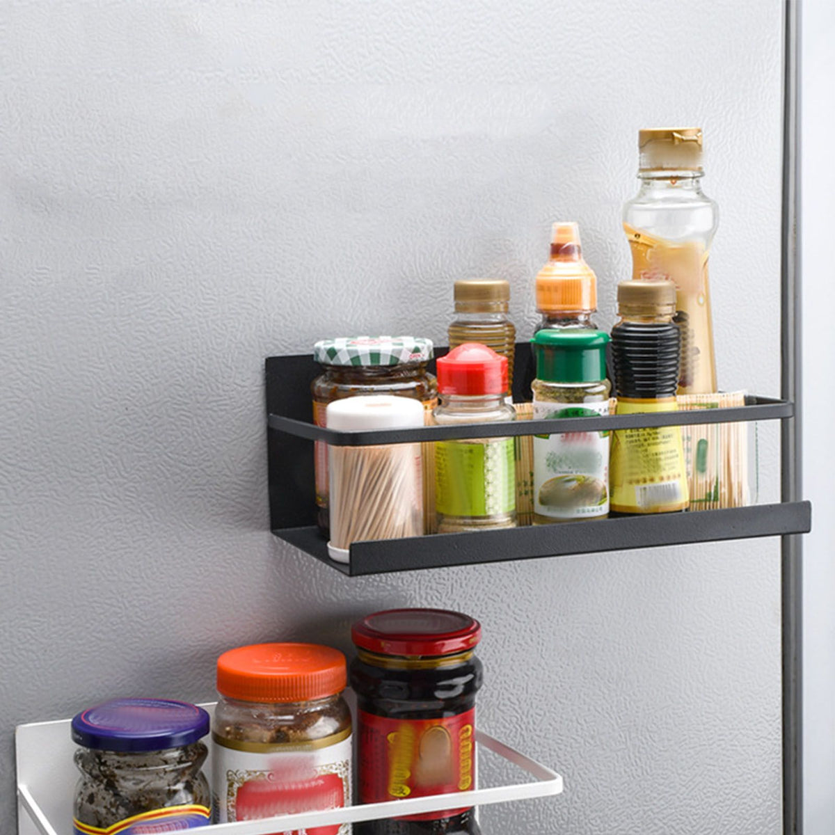 2pcs Magnetic Spice Rack Refrigerator Storage Rack Multi Function Kitchen Storage Shelves Rack Black