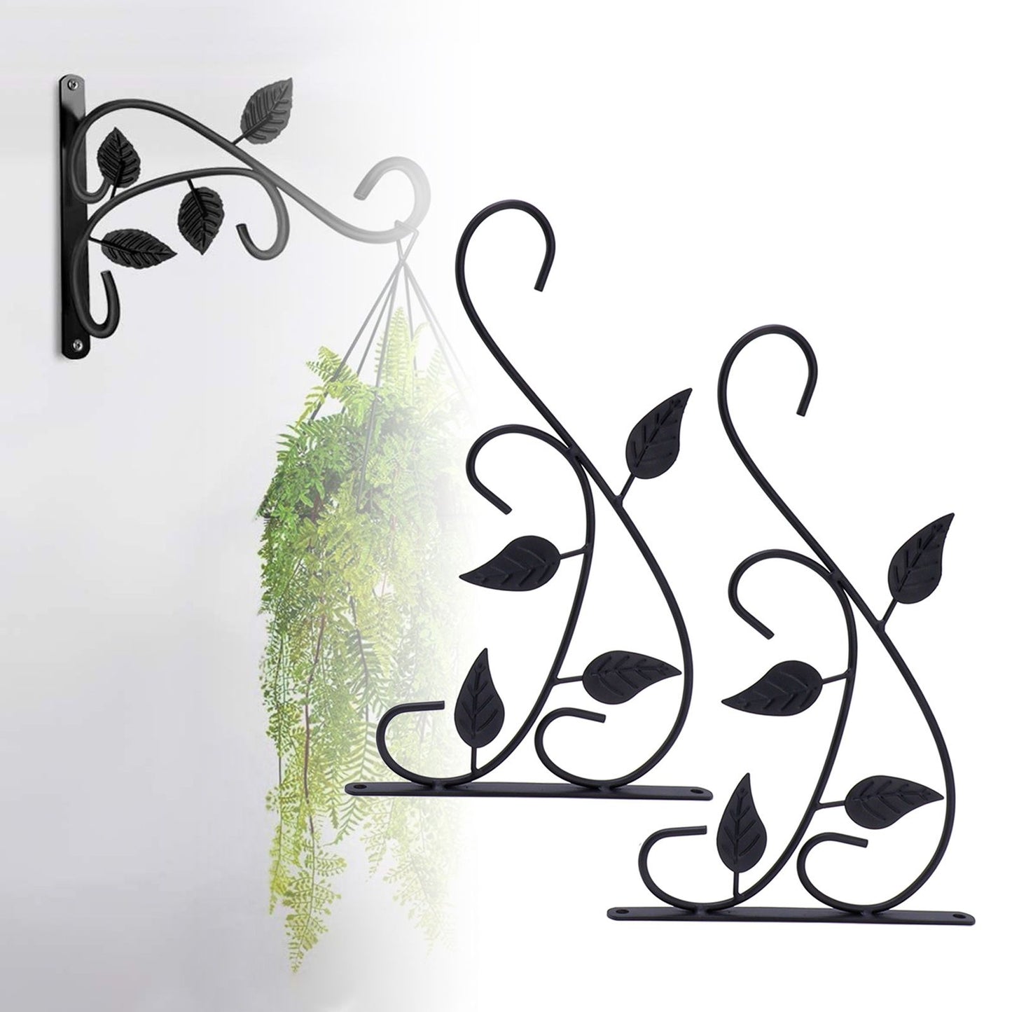 2pcs Hanging Plant Bracket Heavy Duty Rust Resistant Durable Iron Art Outdoor Planter Hanger Hooks Black