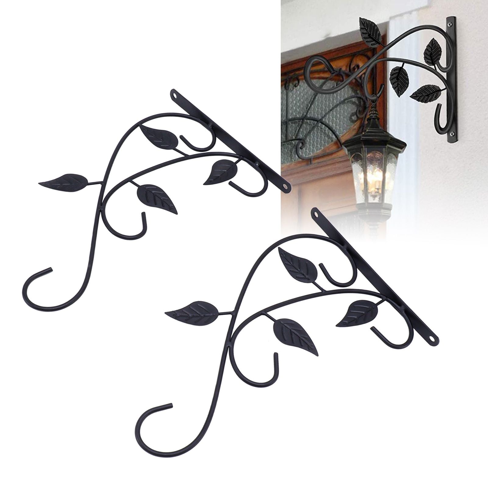 2pcs Hanging Plant Bracket Heavy Duty Rust Resistant Durable Iron Art Outdoor Planter Hanger Hooks Black
