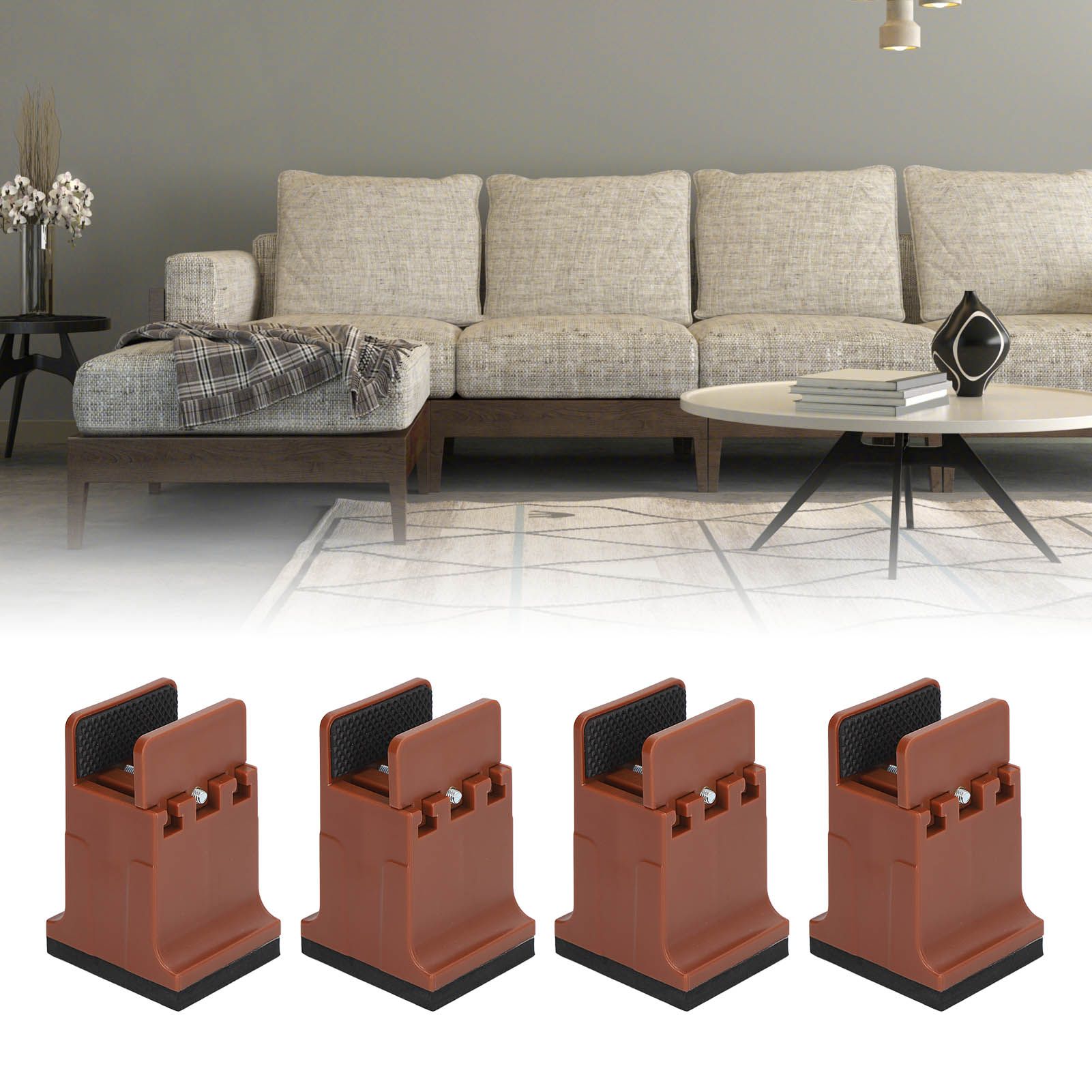 4pcs Adjustable Furniture Risers with Screw Clamp Rubber Bed Couch Risers for Heavy Duty Furniture Brown