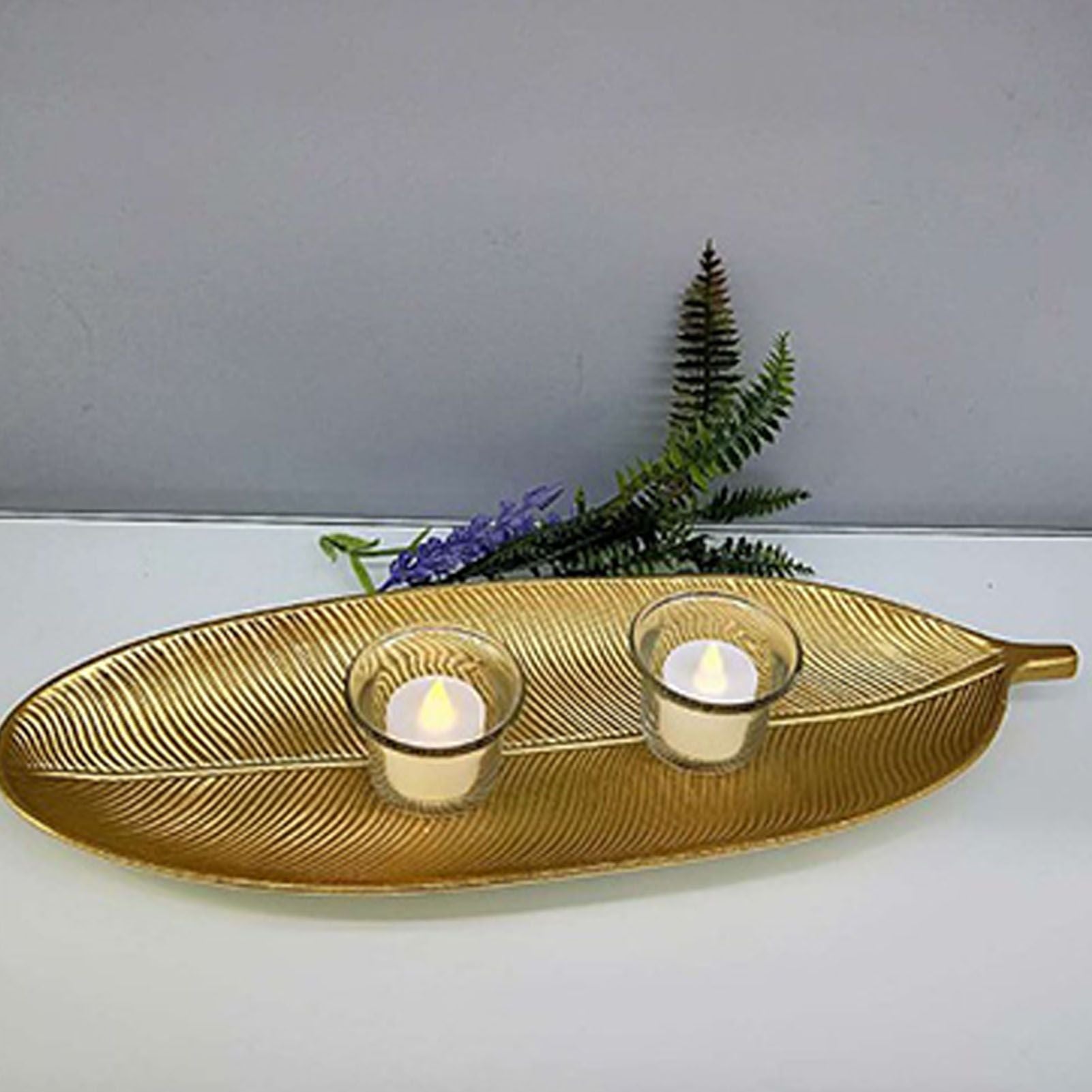 Fruit Plate Golden Style Leaf Shape Brushed Appearance Compact Density Board Serving Dessert Plate for Home S