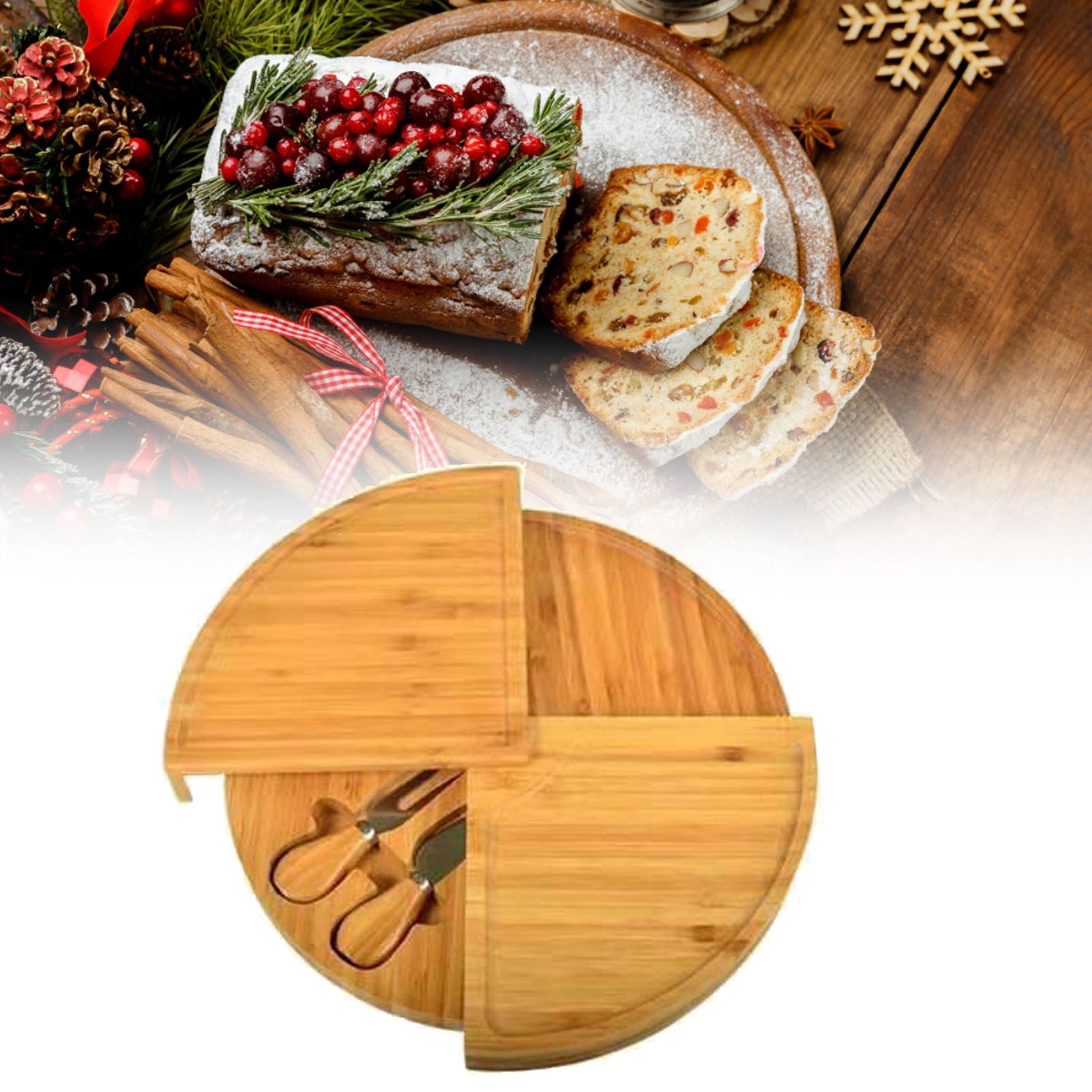 Bamboo Cheese Plate Board with 2 Knife Concealed Compartment Bread Fruit Snack Serving Tray