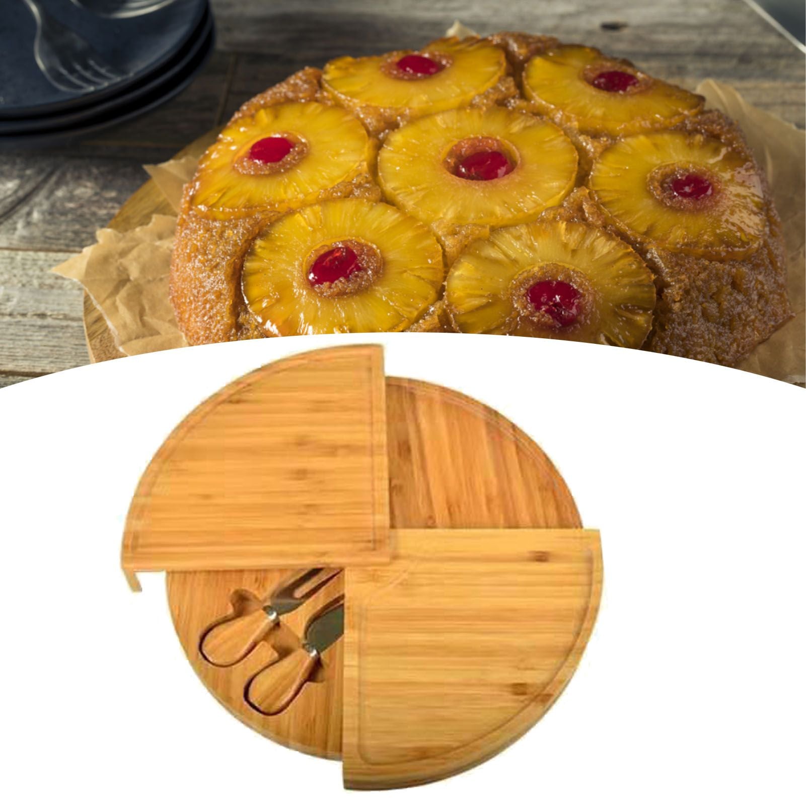 Bamboo Cheese Plate Board with 2 Knife Concealed Compartment Bread Fruit Snack Serving Tray