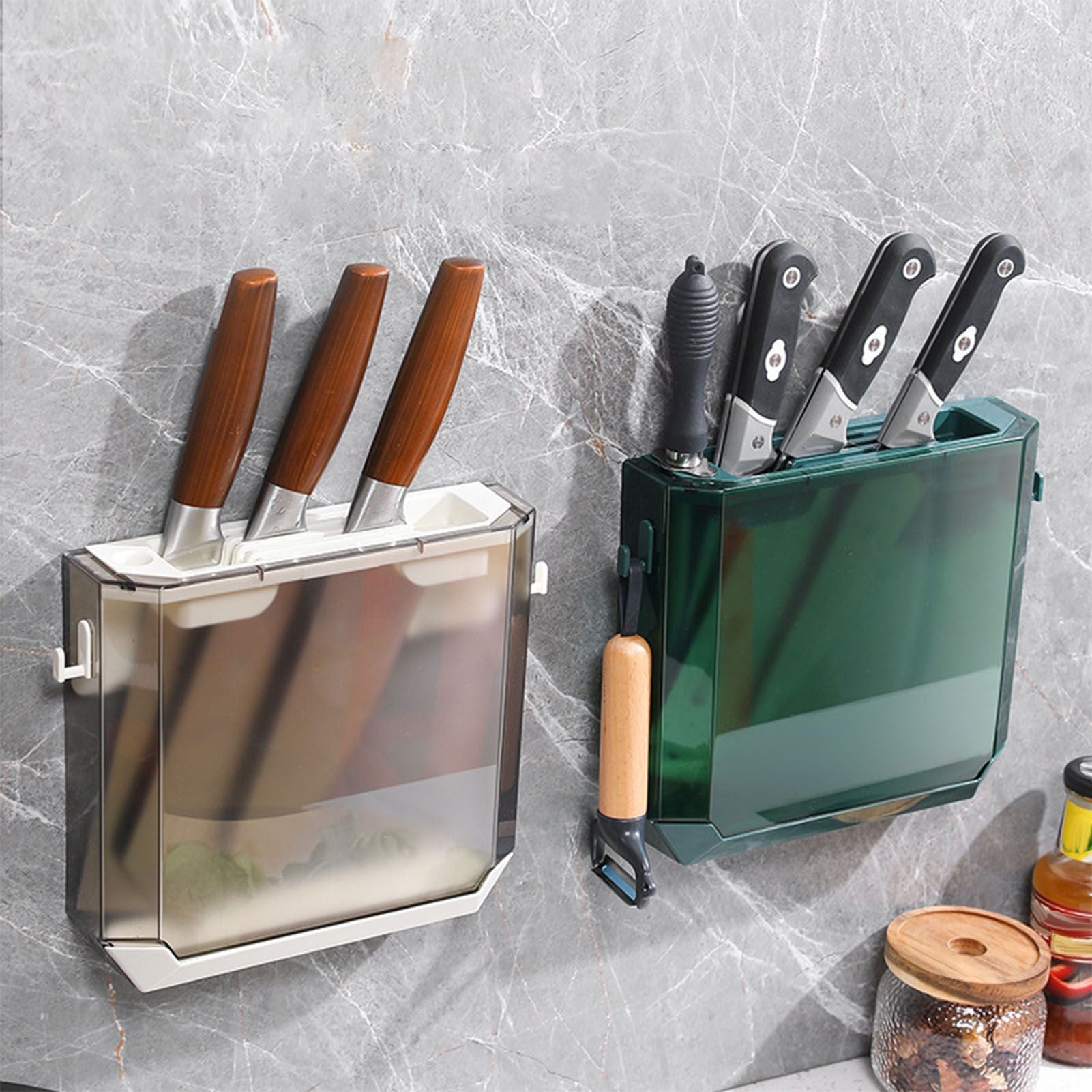 Kitchen Knife Holder Transparent PET Wall Mounted Storage Block Tools Hanging Rack Holder Shelf Green