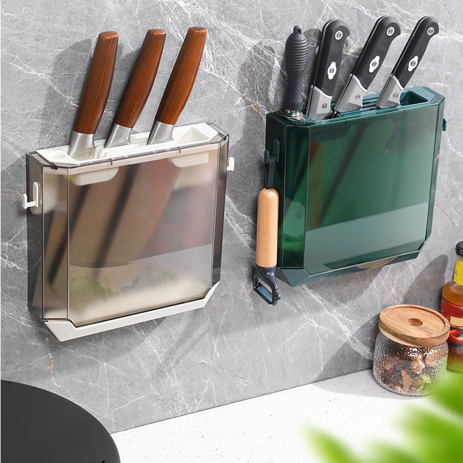 Kitchen Knife Holder Transparent PET Wall Mounted Storage Block Tools Hanging Rack Holder Shelf Green