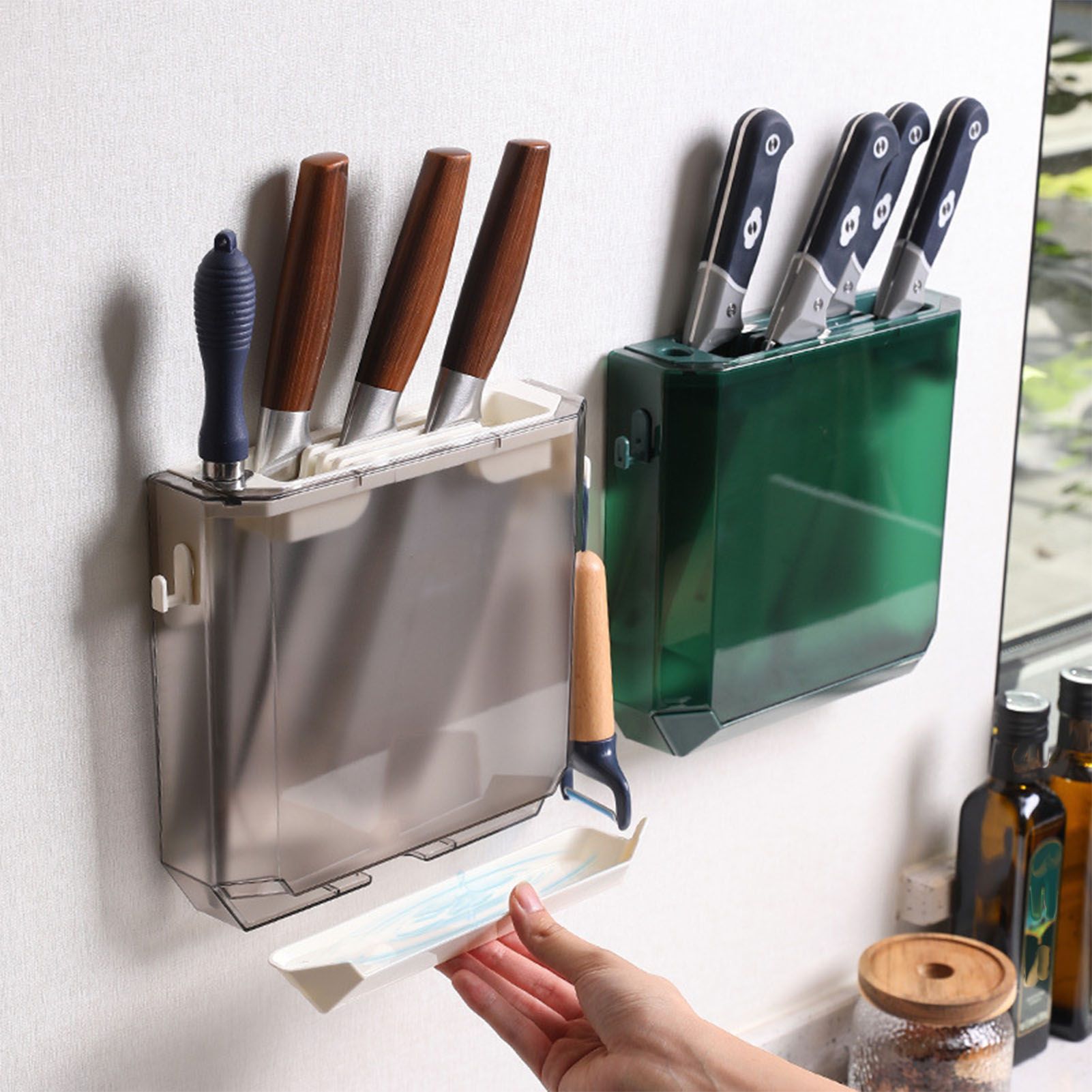 Kitchen Knife Holder Transparent PET Wall Mounted Storage Block Tools Hanging Rack Holder Shelf Green