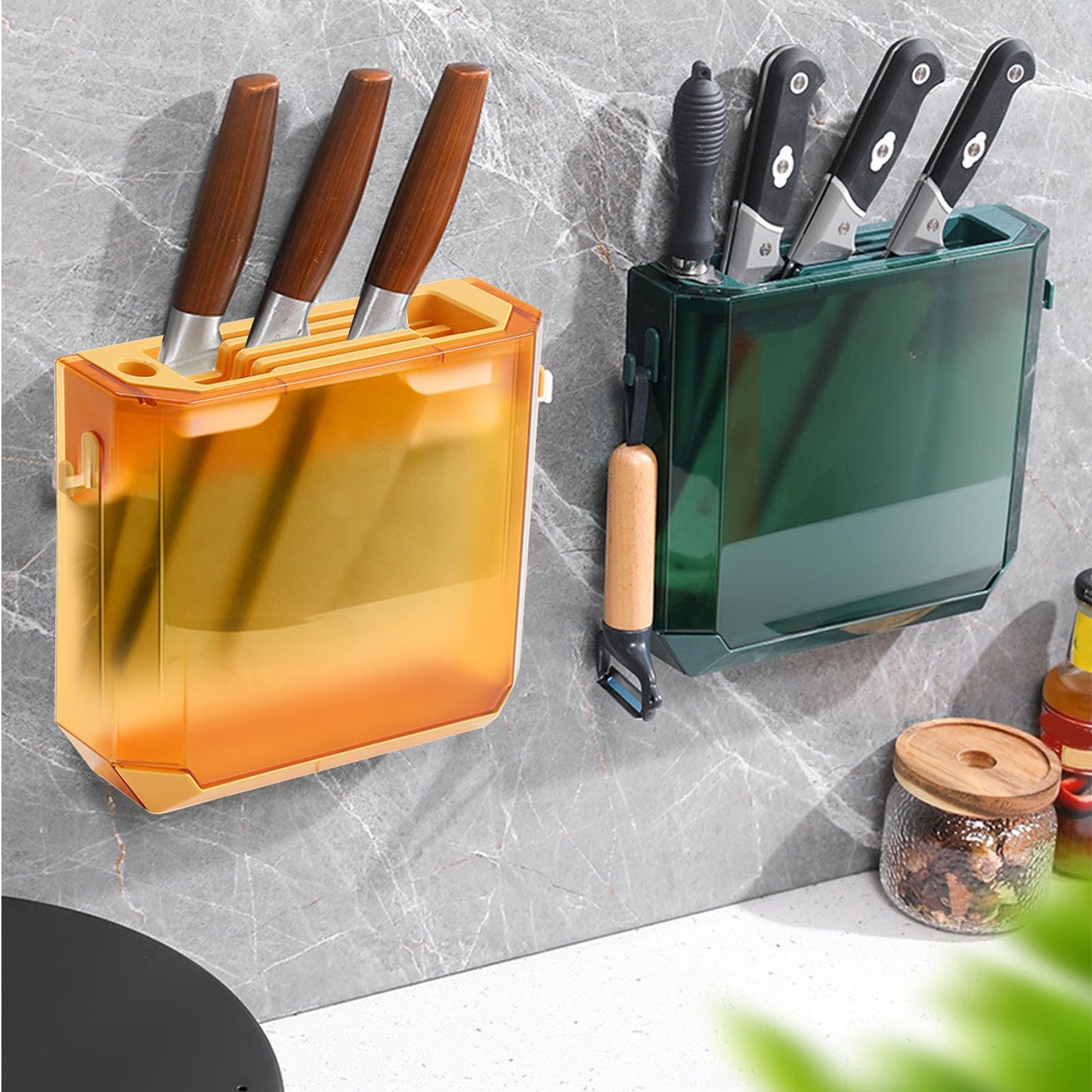 Kitchen Knife Holder Transparent PET Wall Mounted Storage Block Tools Hanging Rack Holder Shelf Green