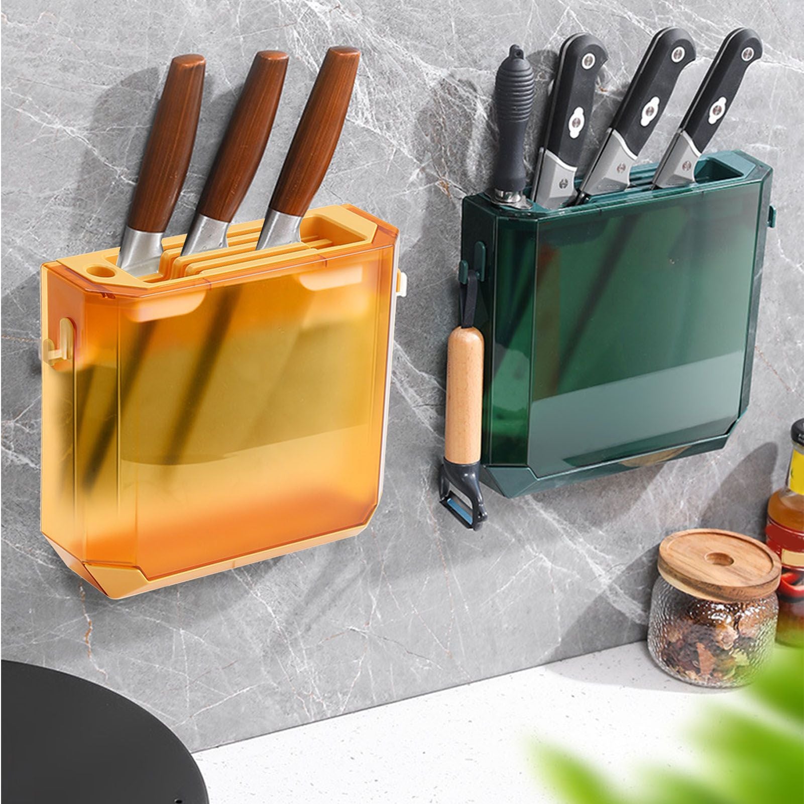 Kitchen Knife Holder Transparent PET Wall Mounted Storage Block Tools Hanging Rack Holder Shelf Green