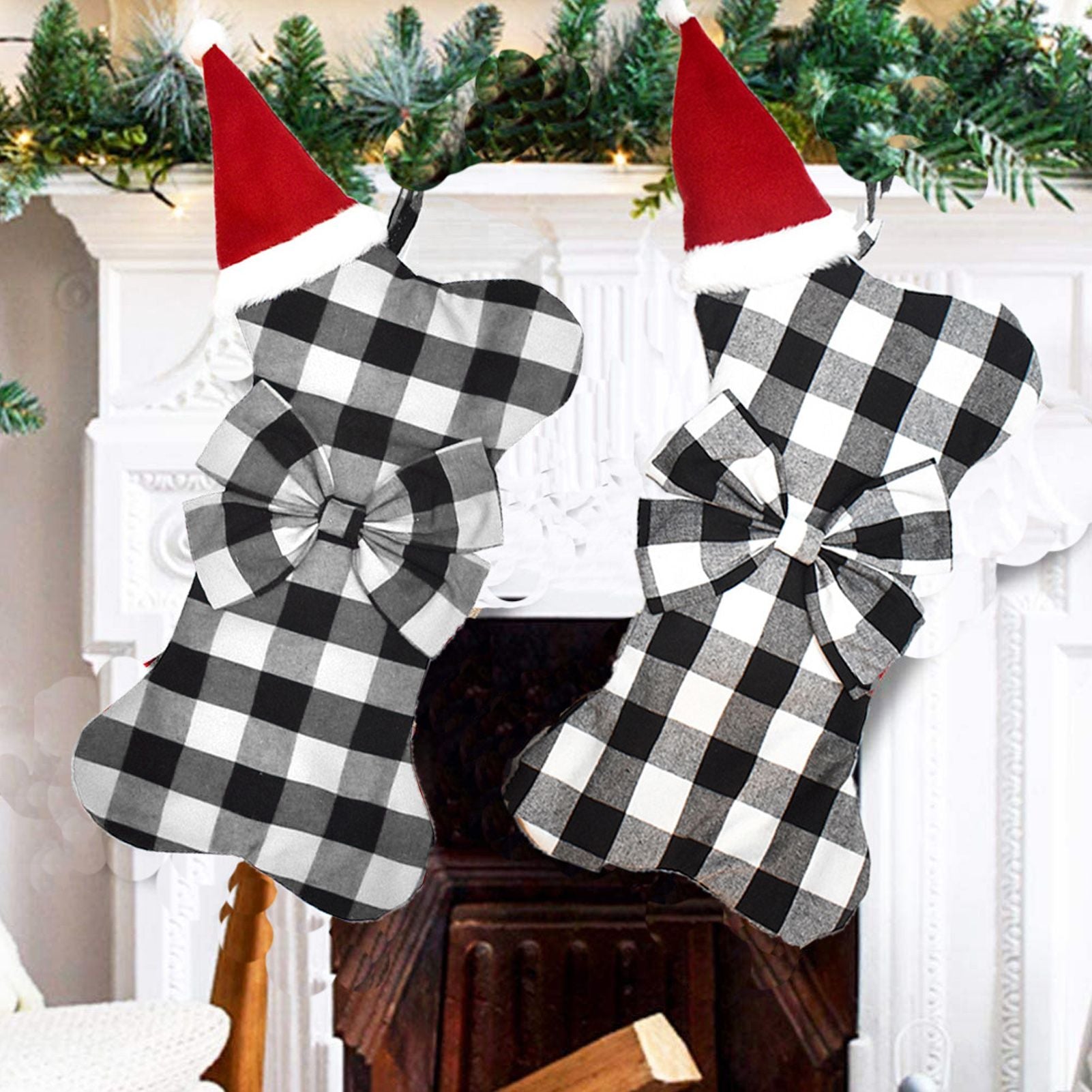 Christmas Tree Decorations Polyester Grids Pattern Christmas Hanging Stocking Pendant Children Gift Bag(Black White )