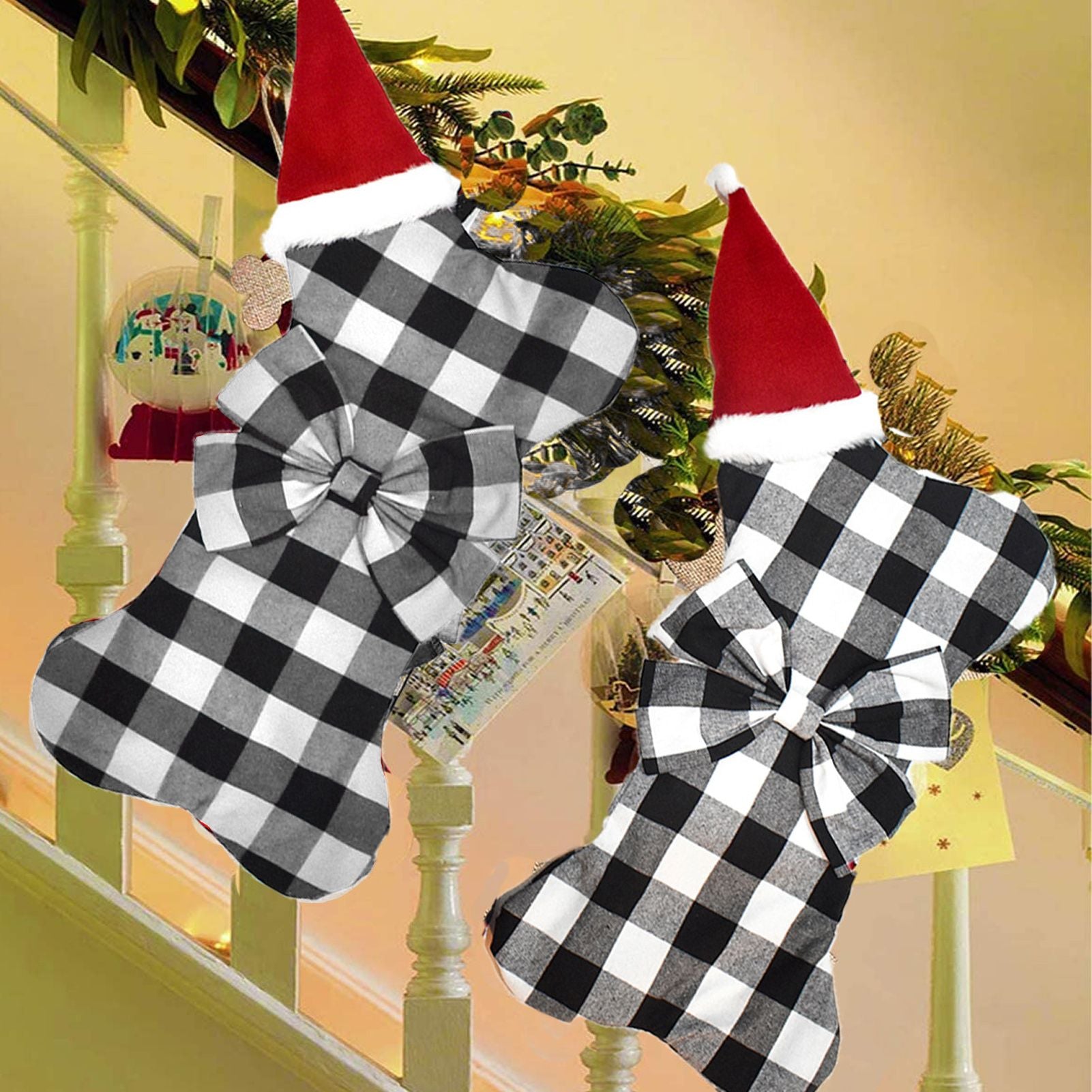 Christmas Tree Decorations Polyester Grids Pattern Christmas Hanging Stocking Pendant Children Gift Bag(Black White )
